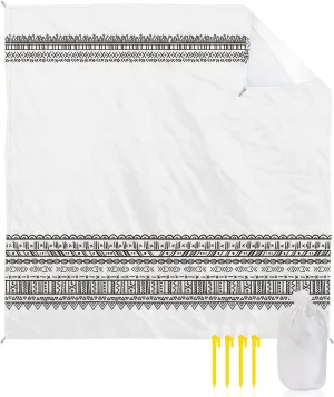 Beach Blanket Sandproof, Bohemia Black Lines Ethnic Pattern Waterproof Beach Mat Lightweight Quick Drying Picnic Blanket Beach Essentials for Travel Camping Hiking 83x79in