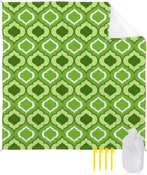 Beach Blanket Sandproof, Green Moroccan Pattern Geometric Waterproof Beach Mat Lightweight Quick Drying Picnic Blanket Beach Essentials for Travel Camping Hiking 83x79in