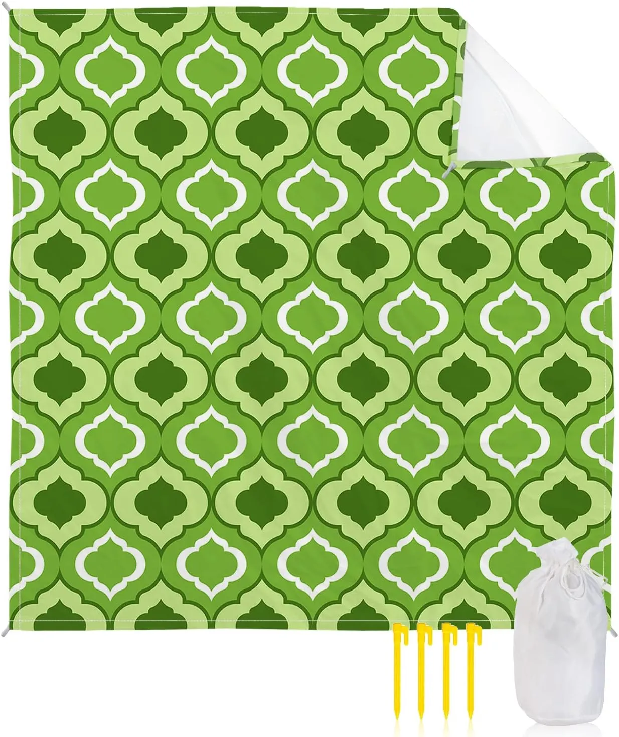 Beach Blanket Sandproof, Green Moroccan Pattern Geometric Waterproof Beach Mat Lightweight Quick Drying Picnic Blanket Beach Essentials for Travel Camping Hiking 83x79in