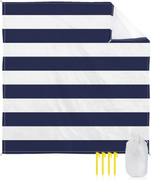 Beach Blanket Sandproof, Navy Blue White Stripe Waterproof Beach Mat Lightweight Quick Drying Picnic Blanket Beach Essentials for Travel Camping Hiking 108x84in