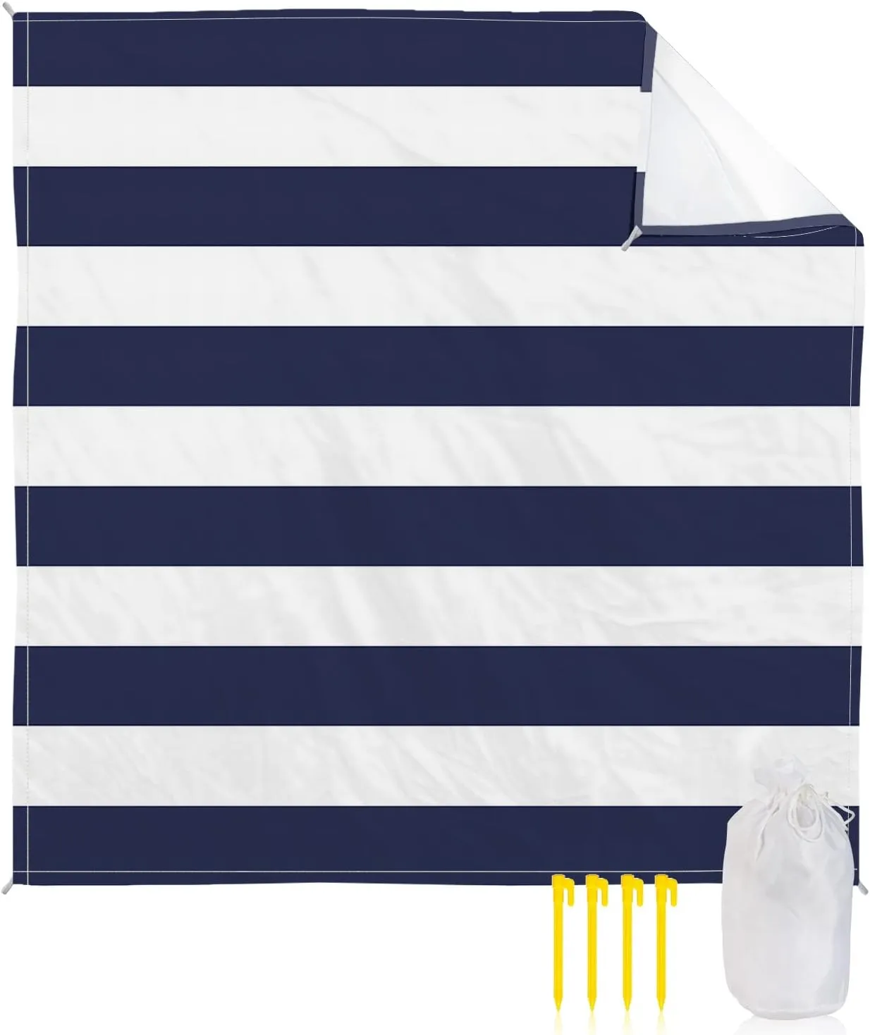 Beach Blanket Sandproof, Navy Blue White Stripe Waterproof Beach Mat Lightweight Quick Drying Picnic Blanket Beach Essentials for Travel Camping Hiking 108x84in