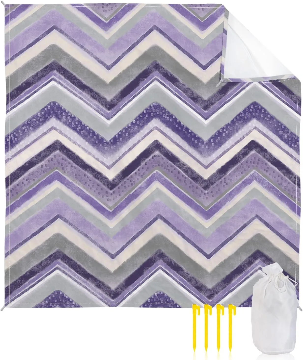 Beach Blanket Sandproof, Northern Europe Purple Geometric Wave Stripes Waterproof Beach Mat Lightweight Quick Drying Picnic Blanket Beach Essentials for Travel Camping Hiking 118x108in