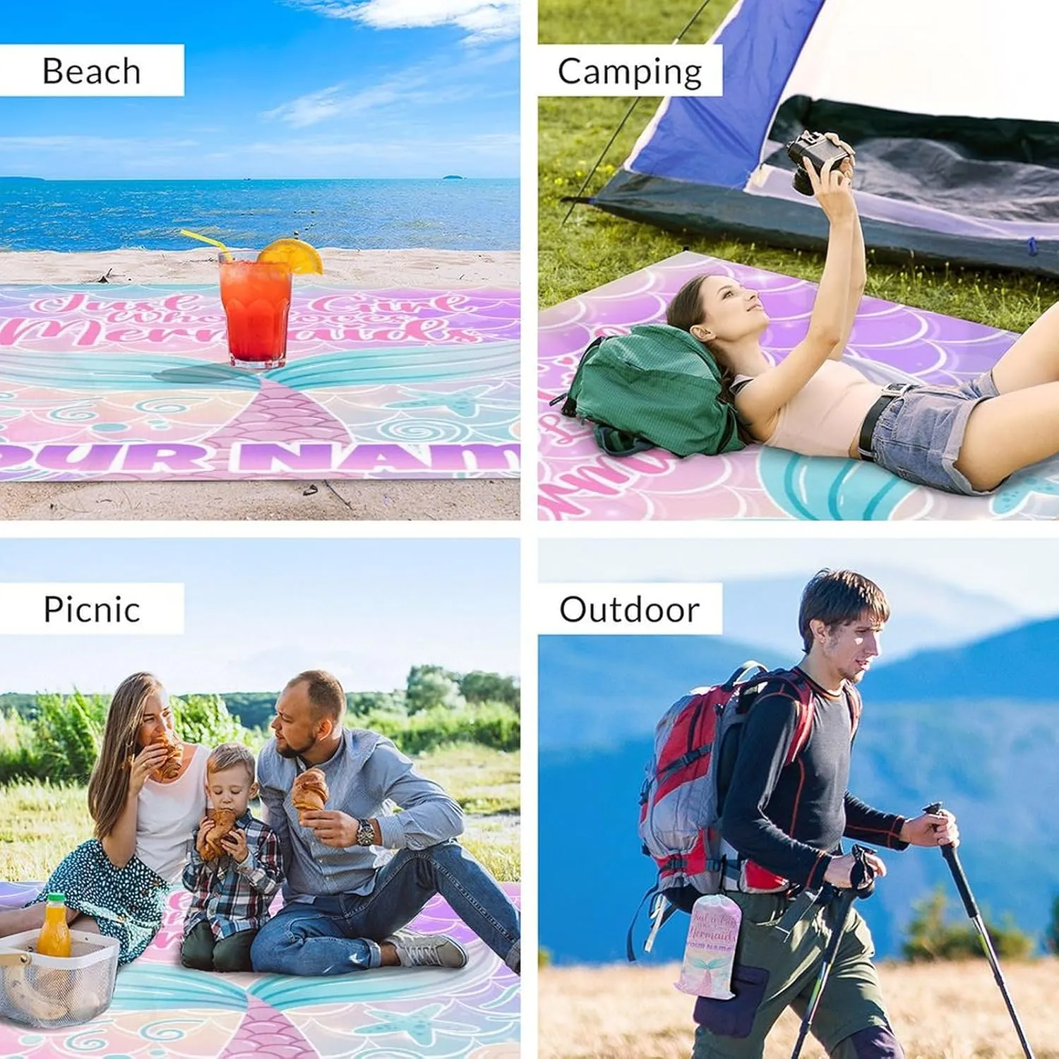 Beach Blanket Sandproof - Waterproof Pink Picnic Blanket - 110”x118” Personalized Mermaid Beach Mat - Lightweight Sand Free Mat with 4 Corner Pockets& Stakes - Foldable Picnic Mat for Camping& Travel