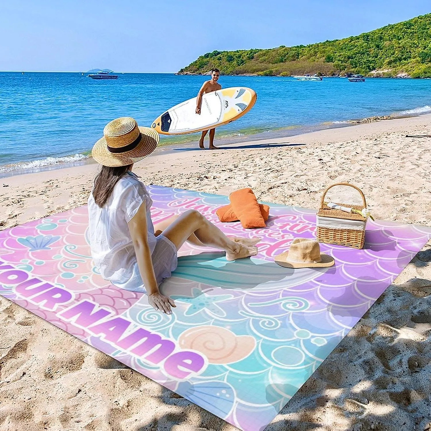 Beach Blanket Sandproof - Waterproof Pink Picnic Blanket - 110”x118” Personalized Mermaid Beach Mat - Lightweight Sand Free Mat with 4 Corner Pockets& Stakes - Foldable Picnic Mat for Camping& Travel