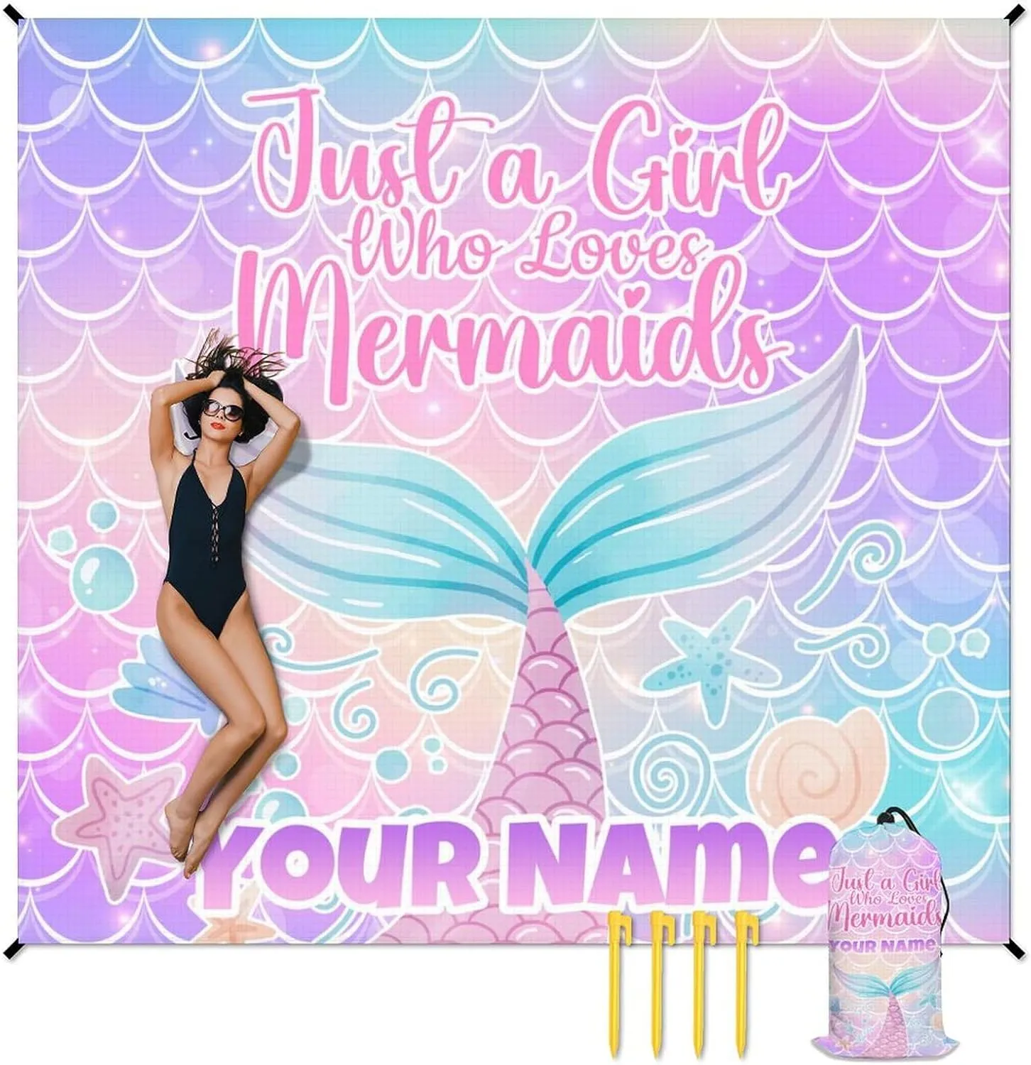 Beach Blanket Sandproof - Waterproof Pink Picnic Blanket - 110”x118” Personalized Mermaid Beach Mat - Lightweight Sand Free Mat with 4 Corner Pockets& Stakes - Foldable Picnic Mat for Camping& Travel