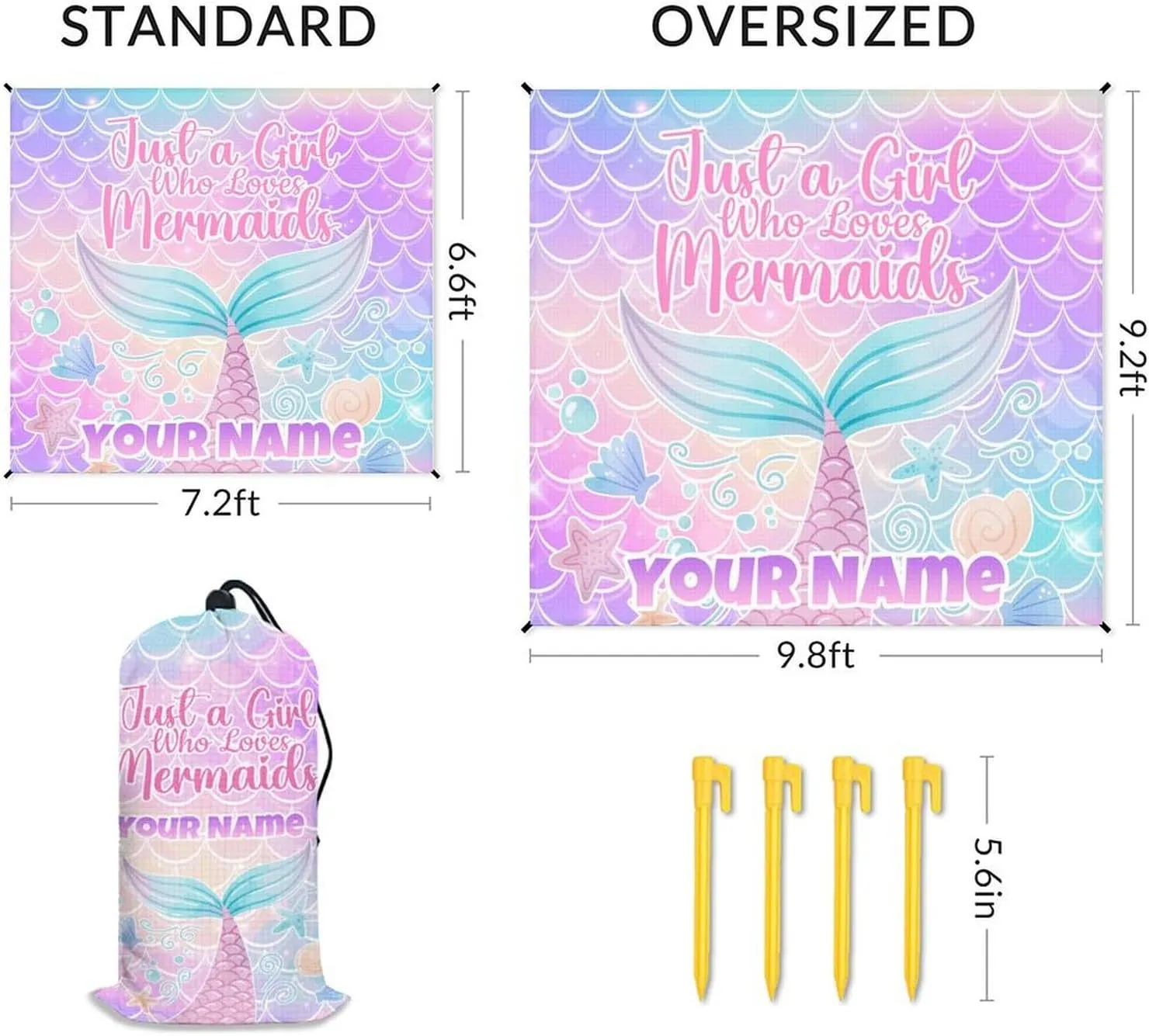Beach Blanket Sandproof - Waterproof Pink Picnic Blanket - 110”x118” Personalized Mermaid Beach Mat - Lightweight Sand Free Mat with 4 Corner Pockets& Stakes - Foldable Picnic Mat for Camping& Travel