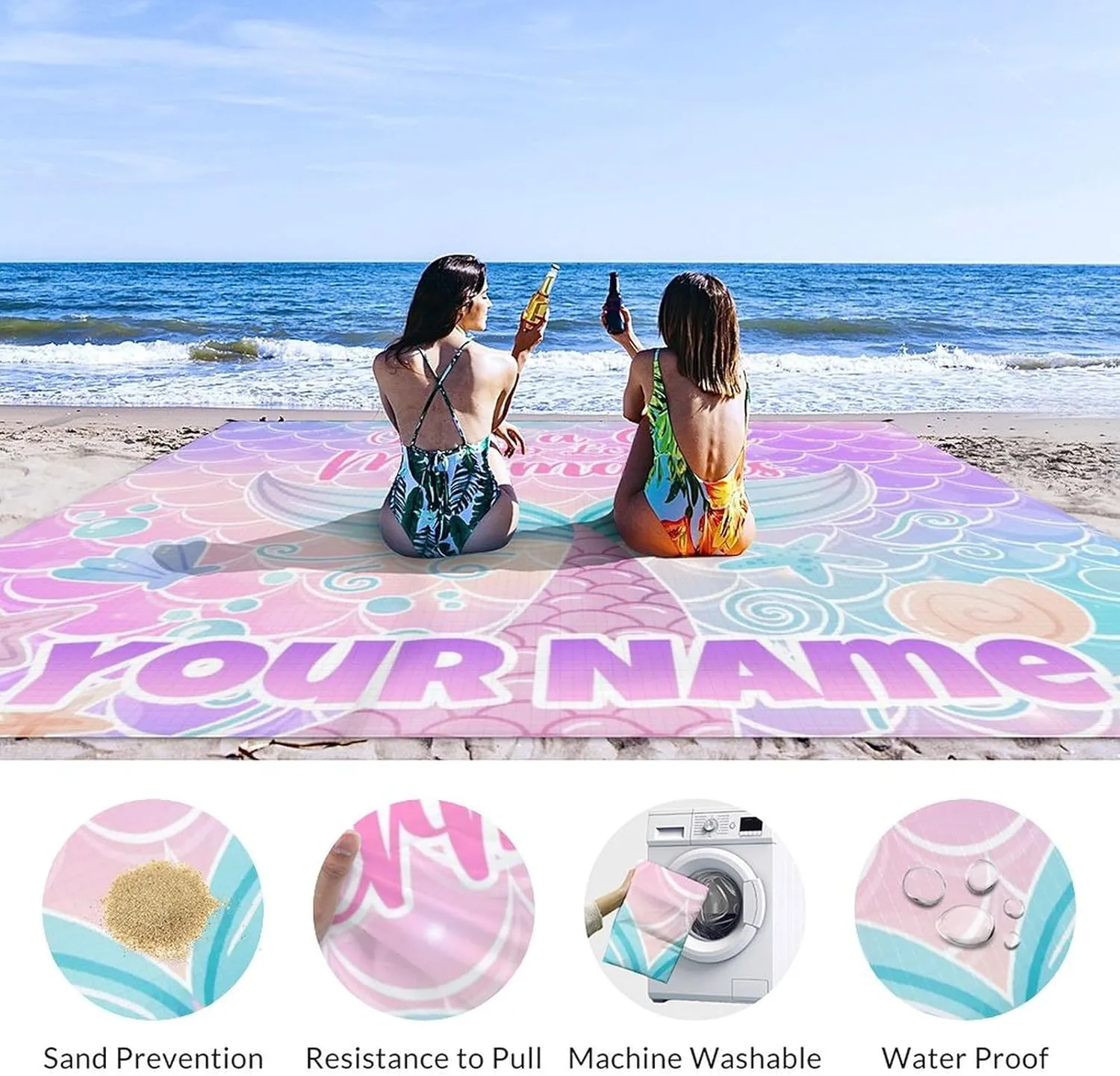 Beach Blanket Sandproof - Waterproof Pink Picnic Blanket - 110”x118” Personalized Mermaid Beach Mat - Lightweight Sand Free Mat with 4 Corner Pockets& Stakes - Foldable Picnic Mat for Camping& Travel