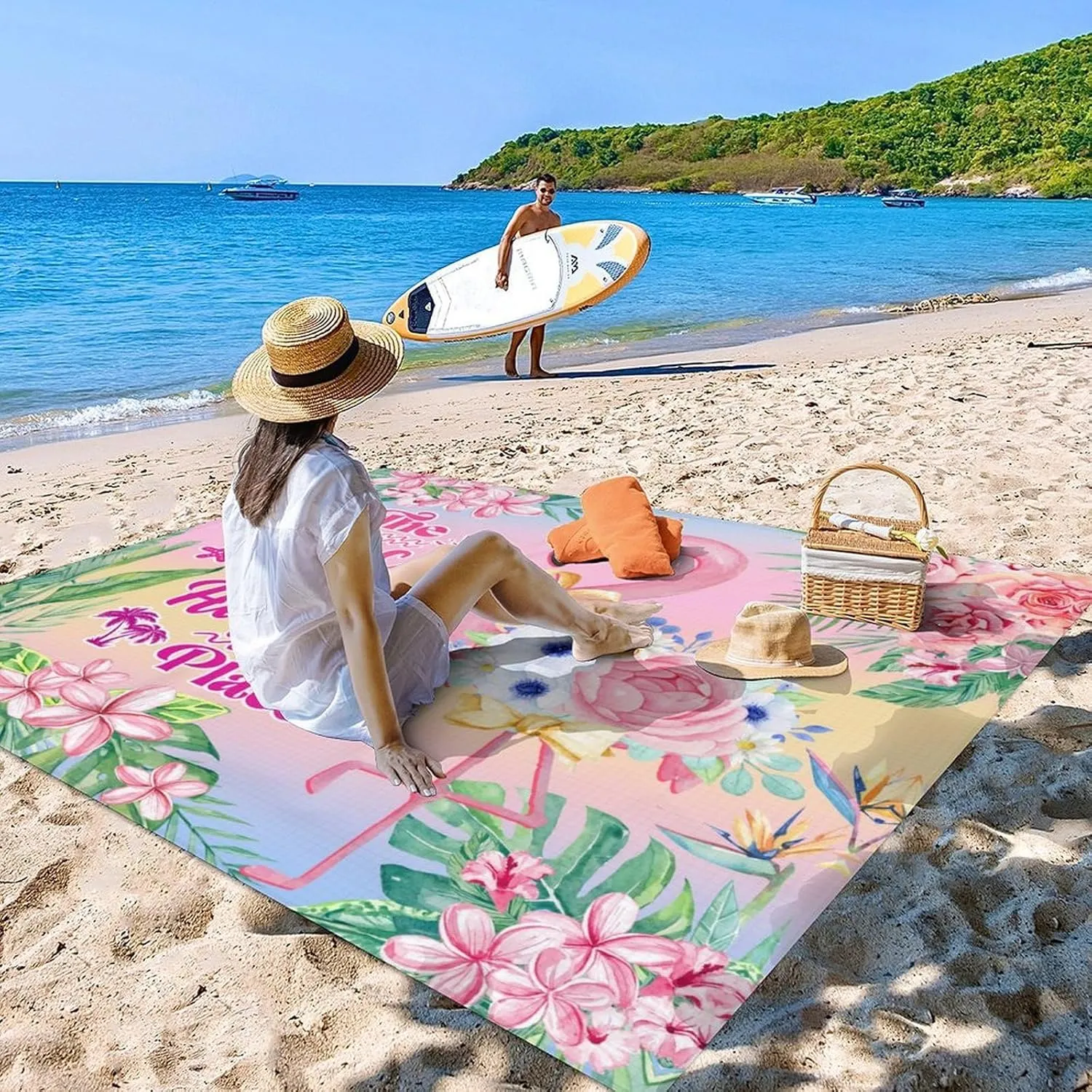 Beach Blanket Waterproof Sandproof, 86x78 Inches Large Flamingo Beach Mat for 4-6 Adults, Pink Lightweight Windproof Picnic Blanket with 4 Corner Pockets for Outdoor, Travel, Camping, Hiking