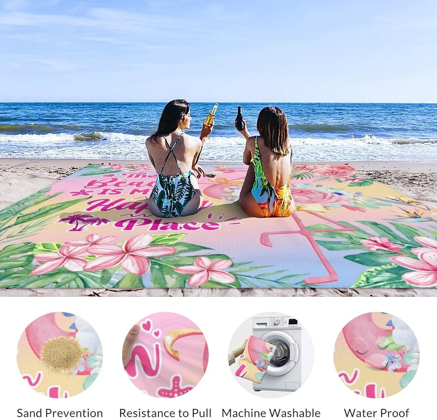 Beach Blanket Waterproof Sandproof, 86x78 Inches Large Flamingo Beach Mat for 4-6 Adults, Pink Lightweight Windproof Picnic Blanket with 4 Corner Pockets for Outdoor, Travel, Camping, Hiking