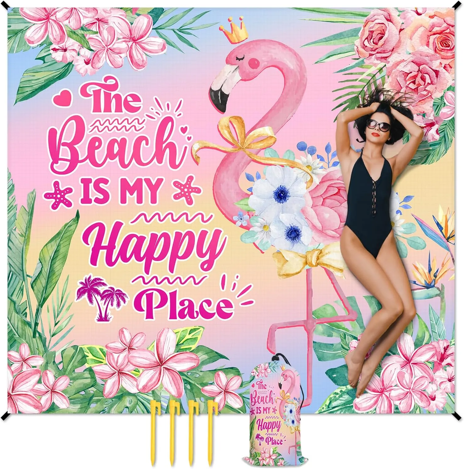 Beach Blanket Waterproof Sandproof, 86x78 Inches Large Flamingo Beach Mat for 4-6 Adults, Pink Lightweight Windproof Picnic Blanket with 4 Corner Pockets for Outdoor, Travel, Camping, Hiking