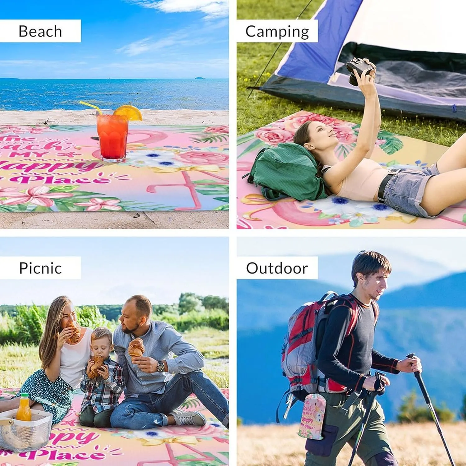 Beach Blanket Waterproof Sandproof, 86x78 Inches Large Flamingo Beach Mat for 4-6 Adults, Pink Lightweight Windproof Picnic Blanket with 4 Corner Pockets for Outdoor, Travel, Camping, Hiking
