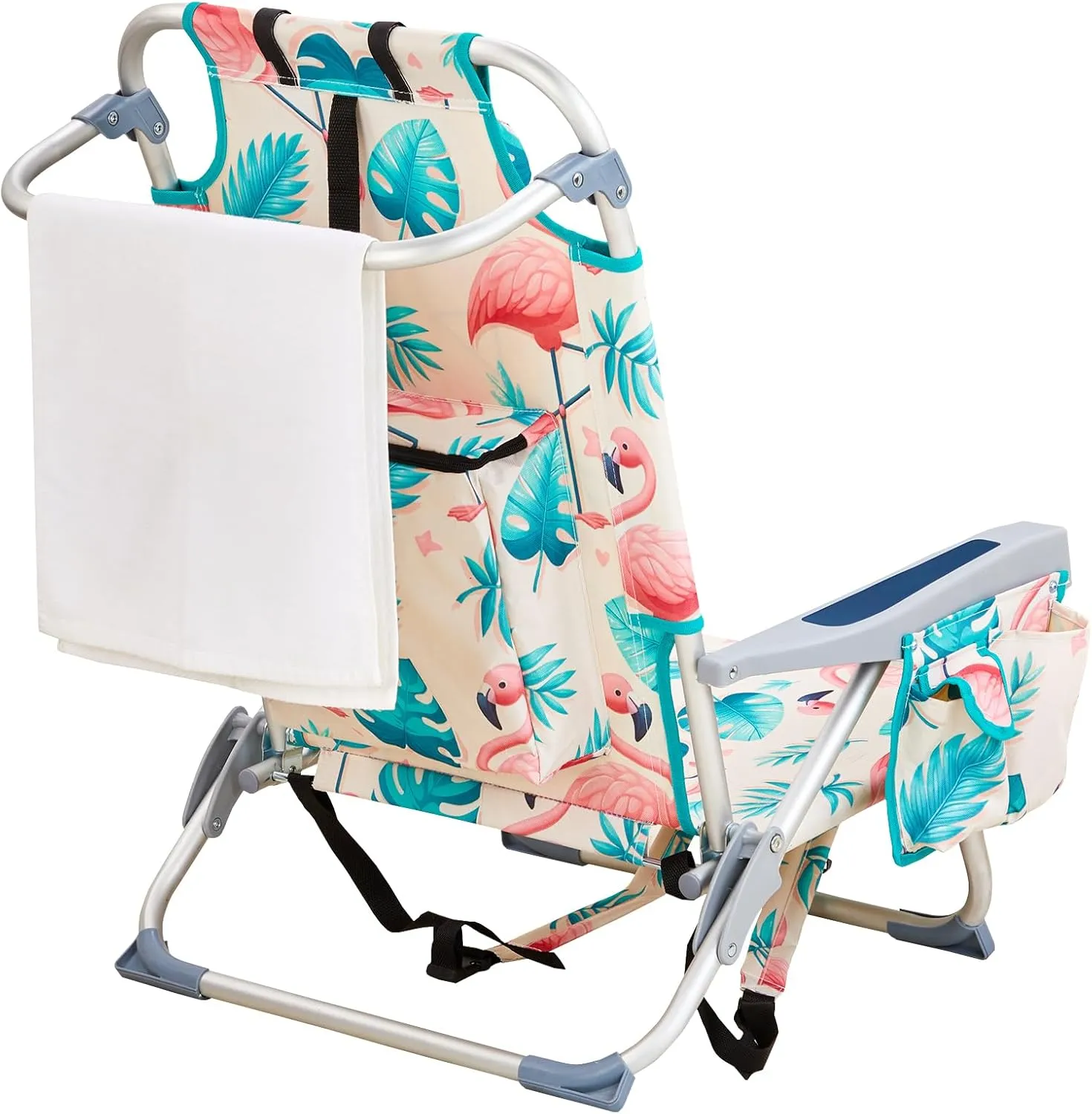 Beach Chairs for Adults, Compact Portable Lay Flat Folding Beach Chair with Backpack Straps and Large Cooler Pouch, Support to 220LBS (Flamingo)