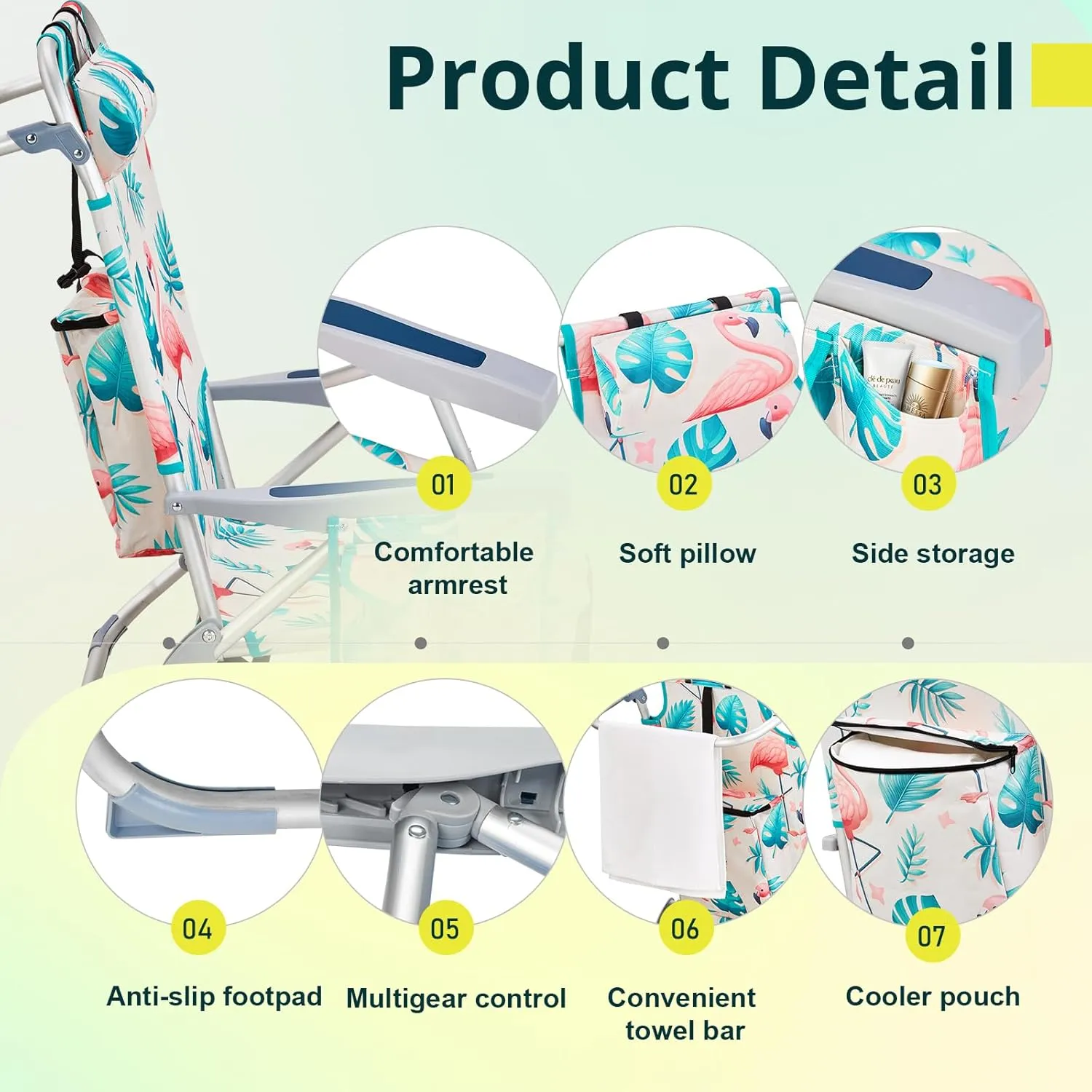 Beach Chairs for Adults, Compact Portable Lay Flat Folding Beach Chair with Backpack Straps and Large Cooler Pouch, Support to 220LBS (Flamingo)