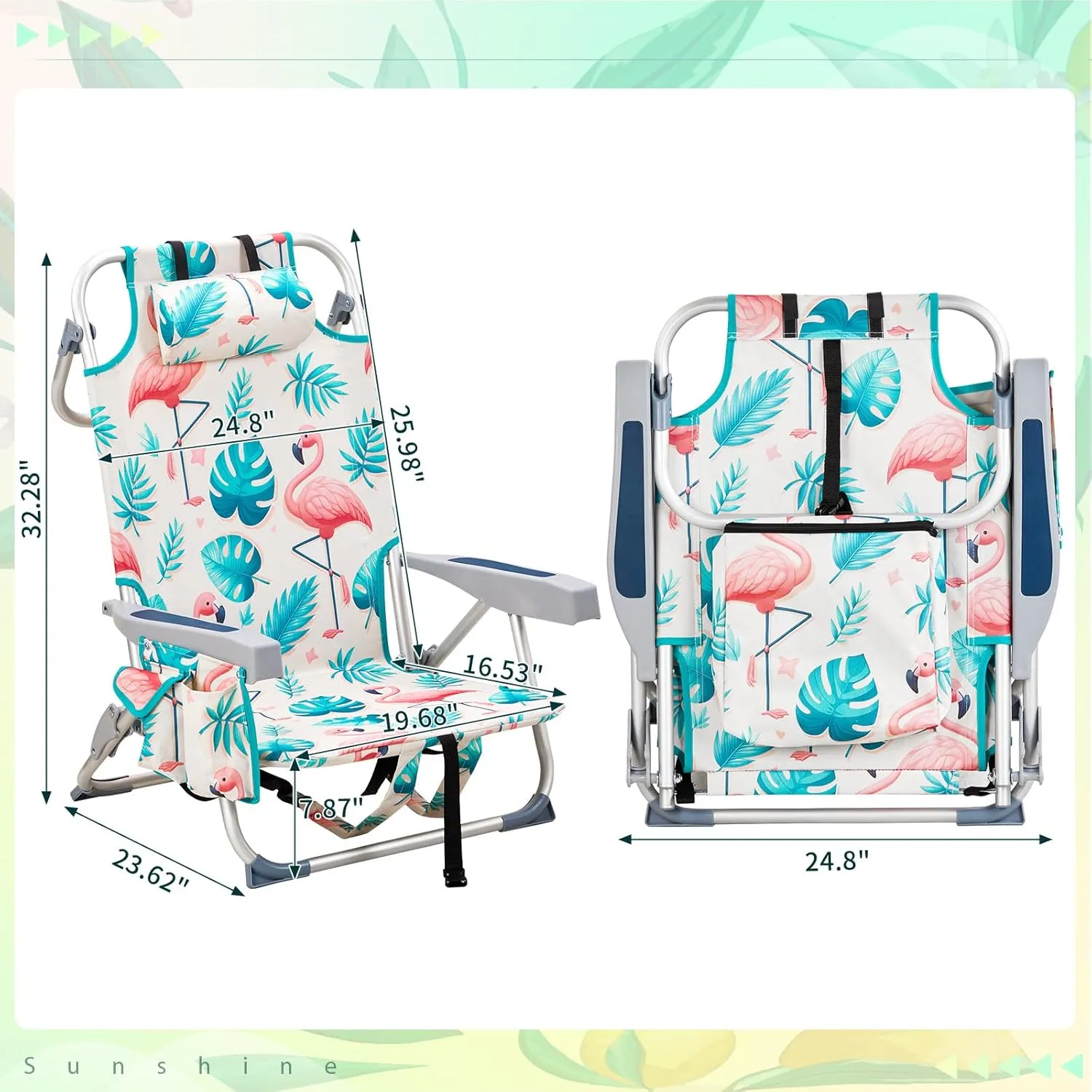 Beach Chairs for Adults, Compact Portable Lay Flat Folding Beach Chair with Backpack Straps and Large Cooler Pouch, Support to 220LBS (Flamingo)