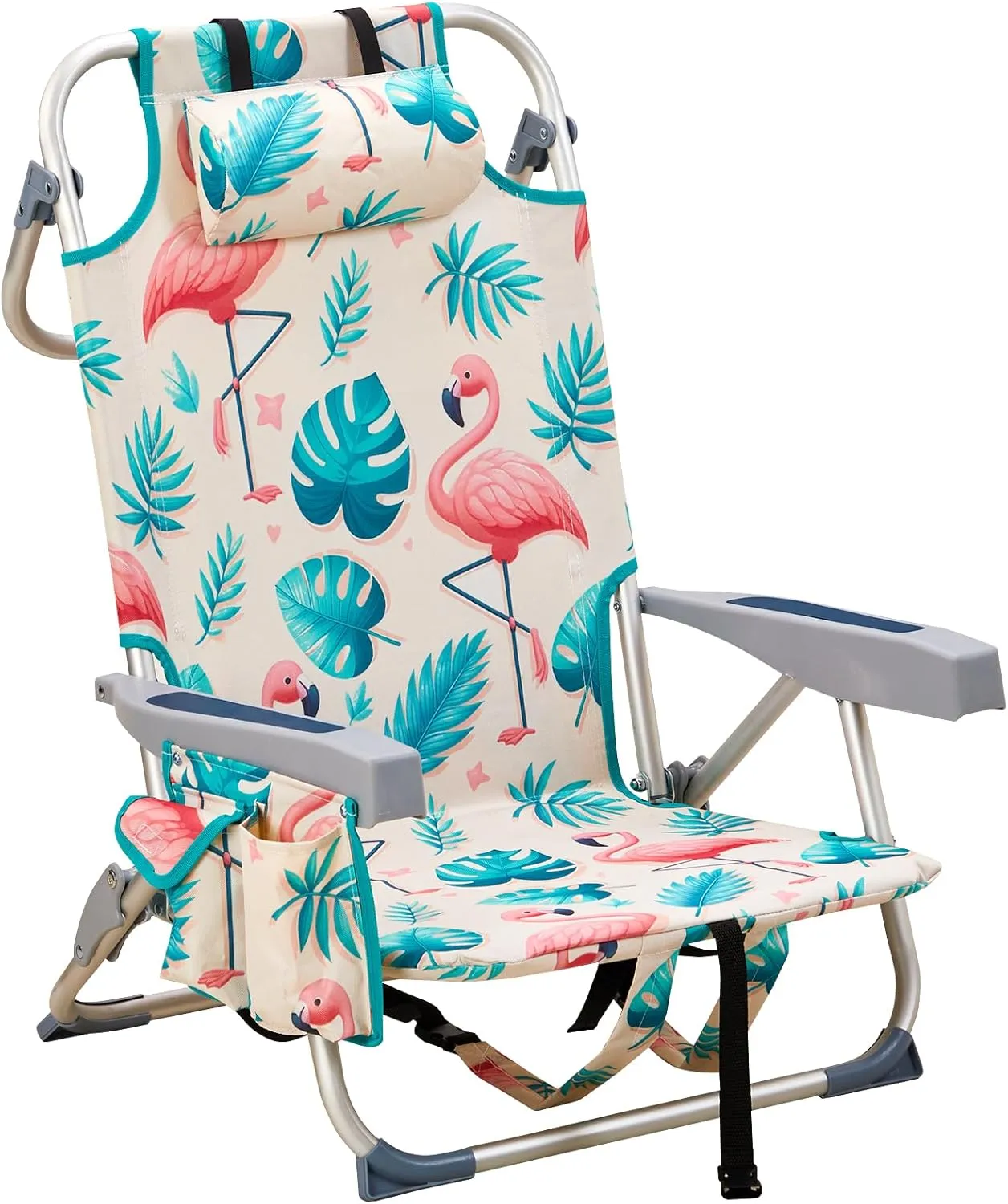 Beach Chairs for Adults, Compact Portable Lay Flat Folding Beach Chair with Backpack Straps and Large Cooler Pouch, Support to 220LBS (Flamingo)