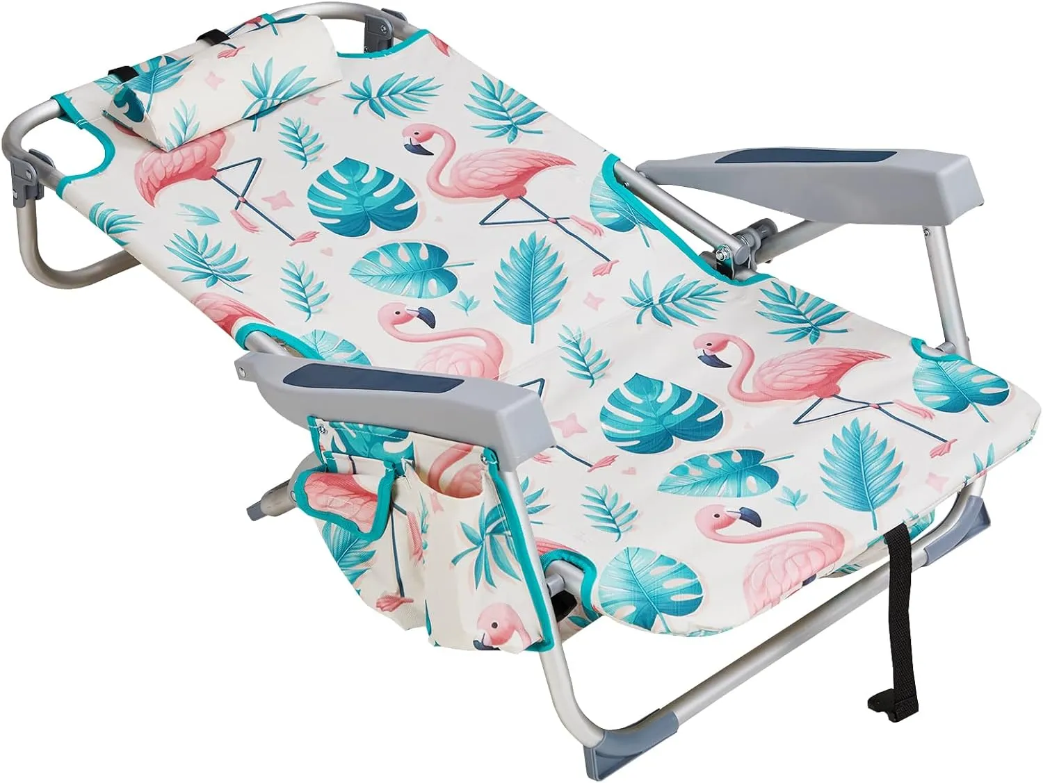 Beach Chairs for Adults, Compact Portable Lay Flat Folding Beach Chair with Backpack Straps and Large Cooler Pouch, Support to 220LBS (Flamingo)