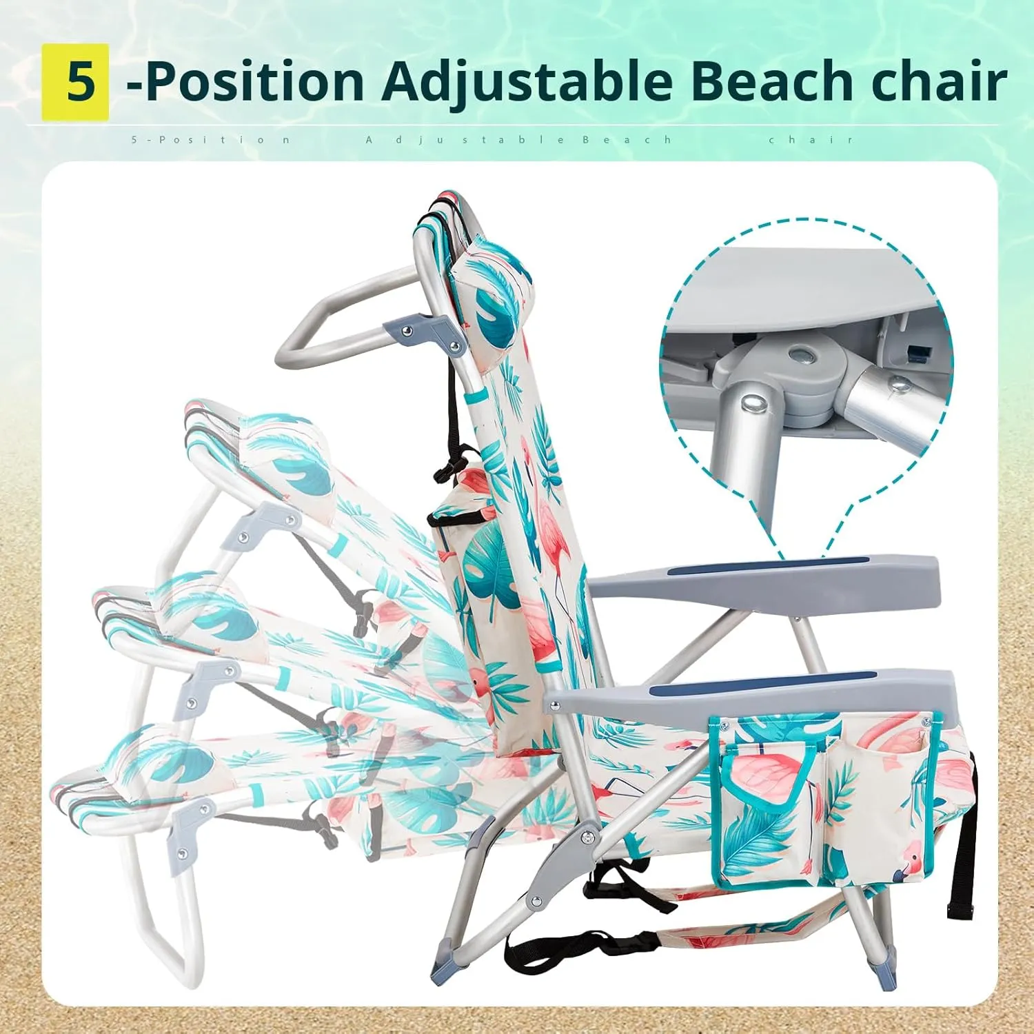 Beach Chairs for Adults, Compact Portable Lay Flat Folding Beach Chair with Backpack Straps and Large Cooler Pouch, Support to 220LBS (Flamingo)