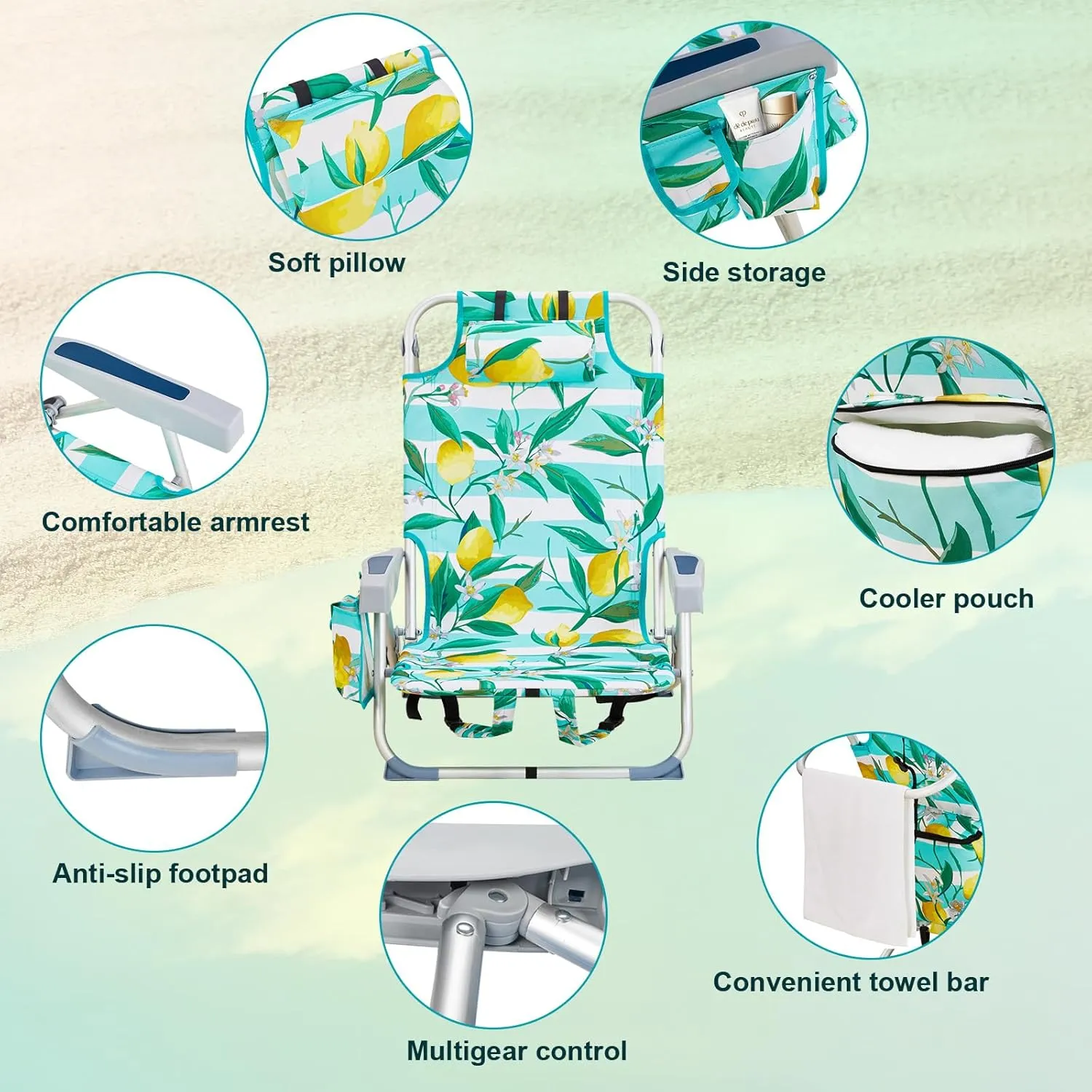 Beach Chairs for Adults, Compact Portable Lay Flat Folding Beach Chair with Backpack Straps and Large Cooler Pouch, Support to 220LBS (Lemon)