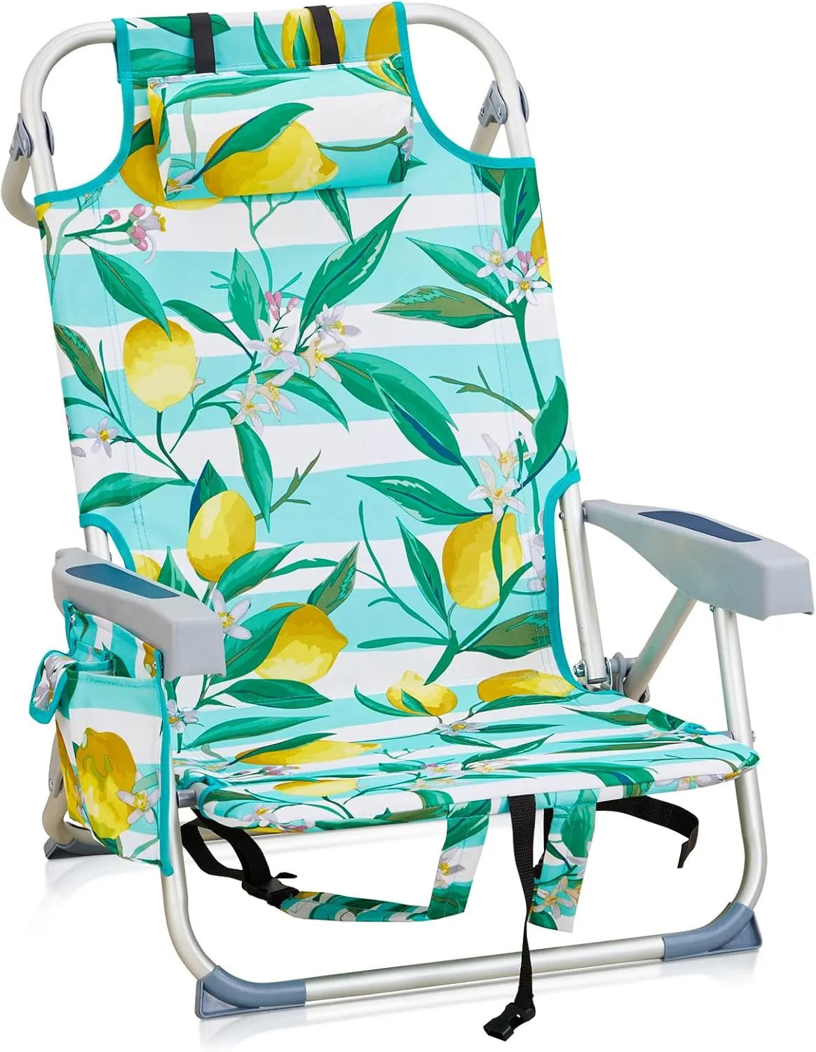 Beach Chairs for Adults, Compact Portable Lay Flat Folding Beach Chair with Backpack Straps and Large Cooler Pouch, Support to 220LBS (Lemon)