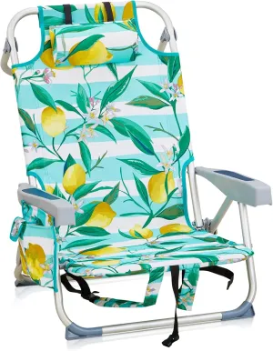 Beach Chairs for Adults, Compact Portable Lay Flat Folding Beach Chair with Backpack Straps and Large Cooler Pouch, Support to 220LBS (Lemon)