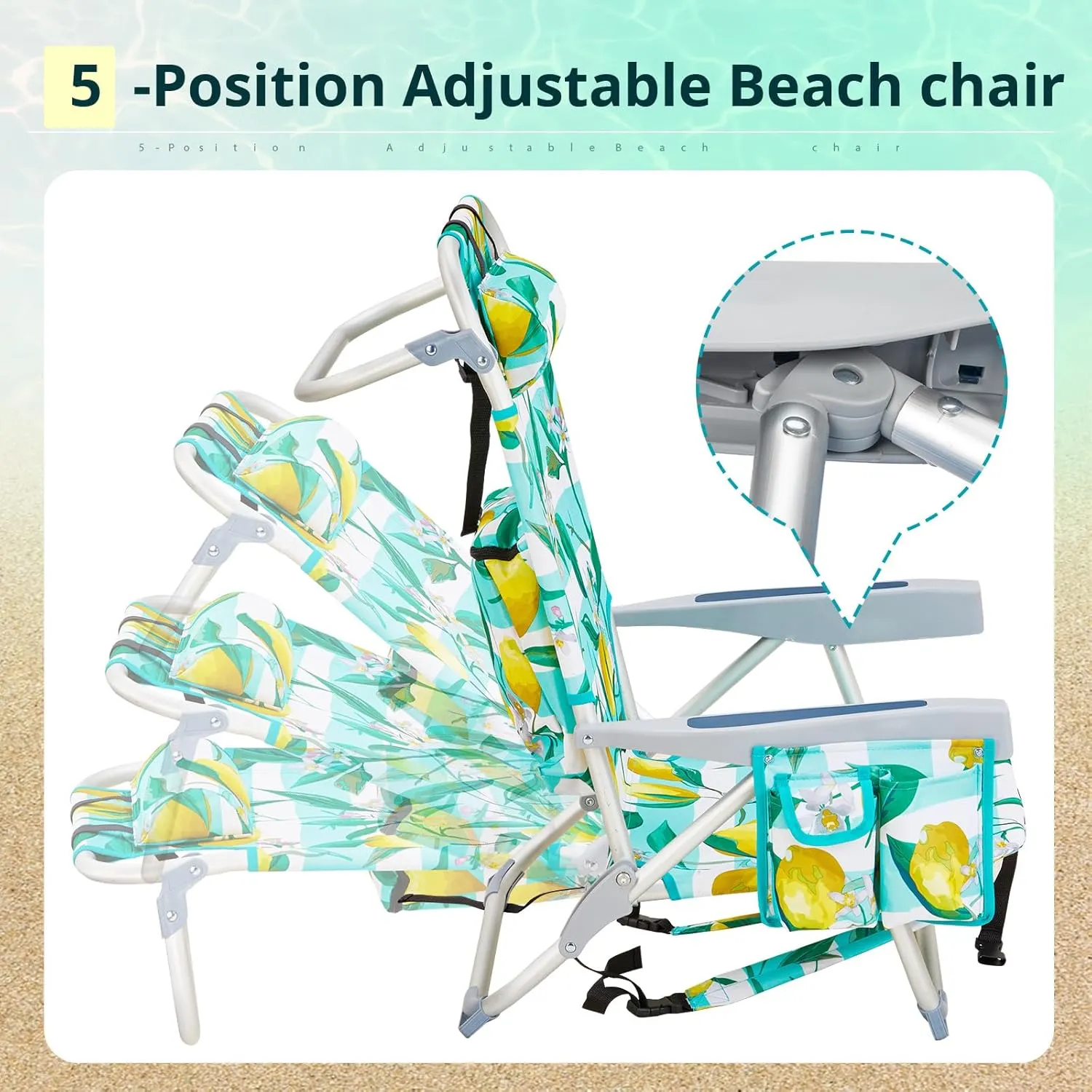 Beach Chairs for Adults, Compact Portable Lay Flat Folding Beach Chair with Backpack Straps and Large Cooler Pouch, Support to 220LBS (Lemon)