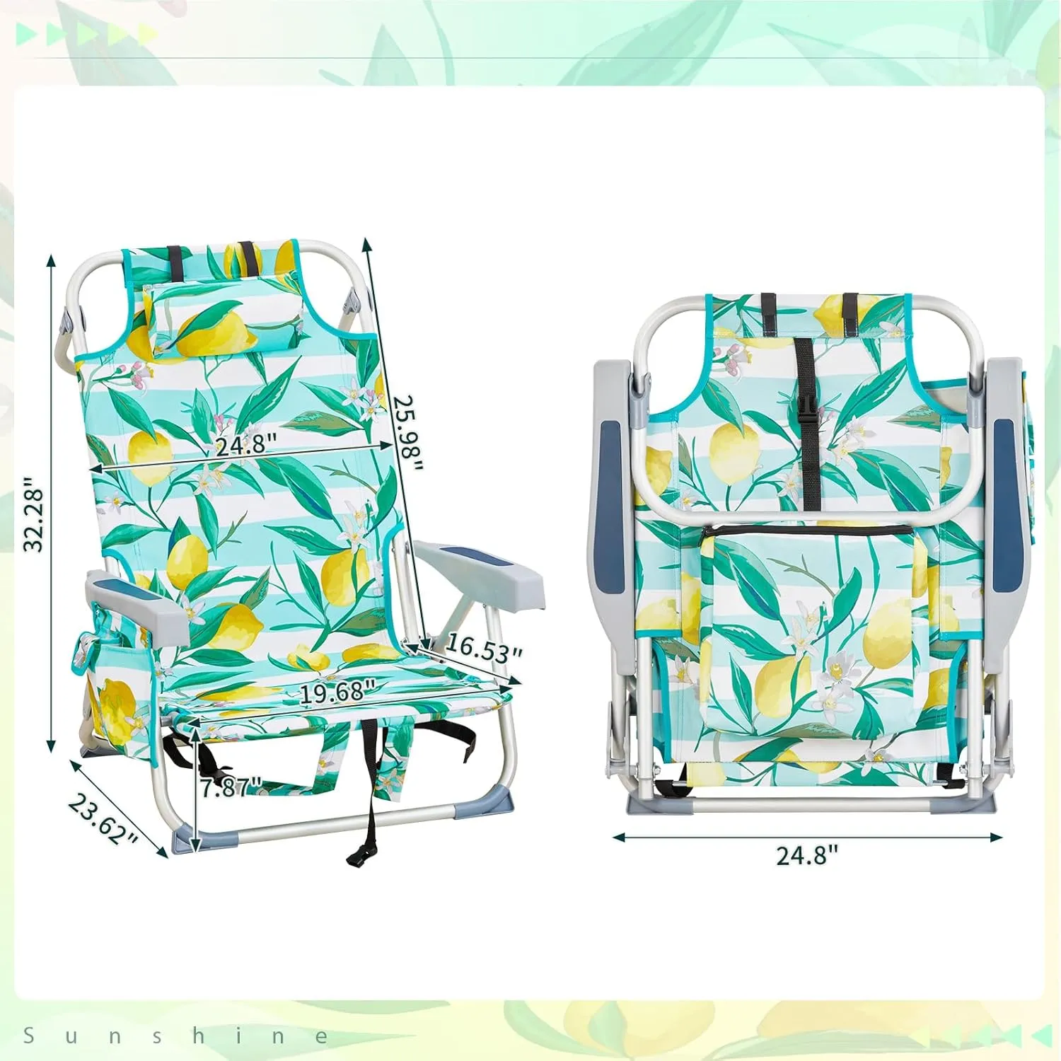 Beach Chairs for Adults, Compact Portable Lay Flat Folding Beach Chair with Backpack Straps and Large Cooler Pouch, Support to 220LBS (Lemon)
