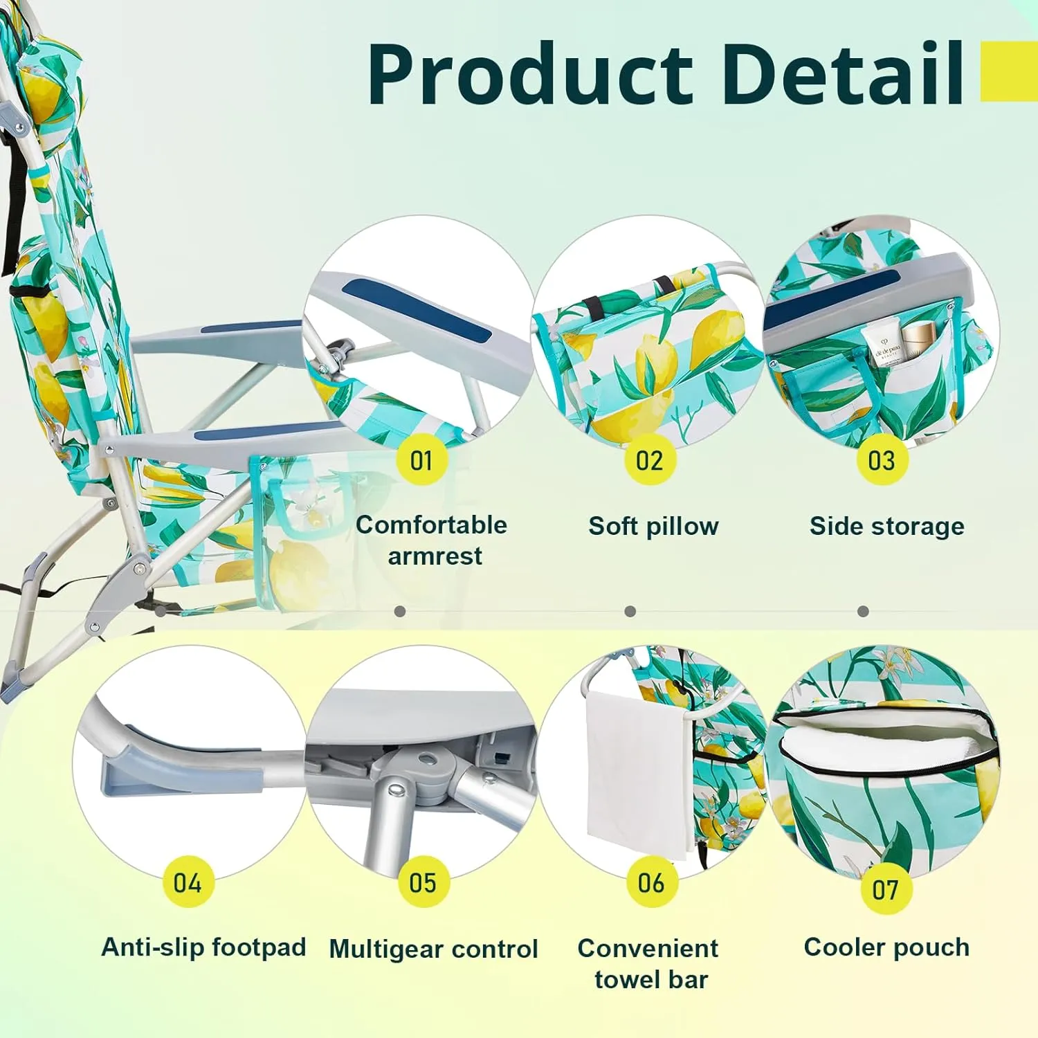 Beach Chairs for Adults, Compact Portable Lay Flat Folding Beach Chair with Backpack Straps and Large Cooler Pouch, Support to 220LBS (Lemon)