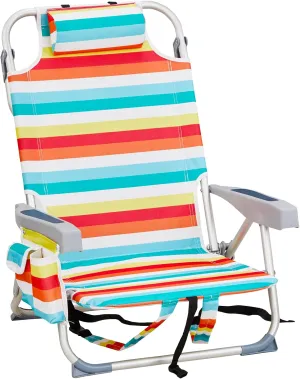 Beach Chairs for Adults, Compact Portable Lay Flat Folding Beach Chair with Backpack Straps and Large Cooler Pouch, Support to 220LBS (Rainbow Stripes)