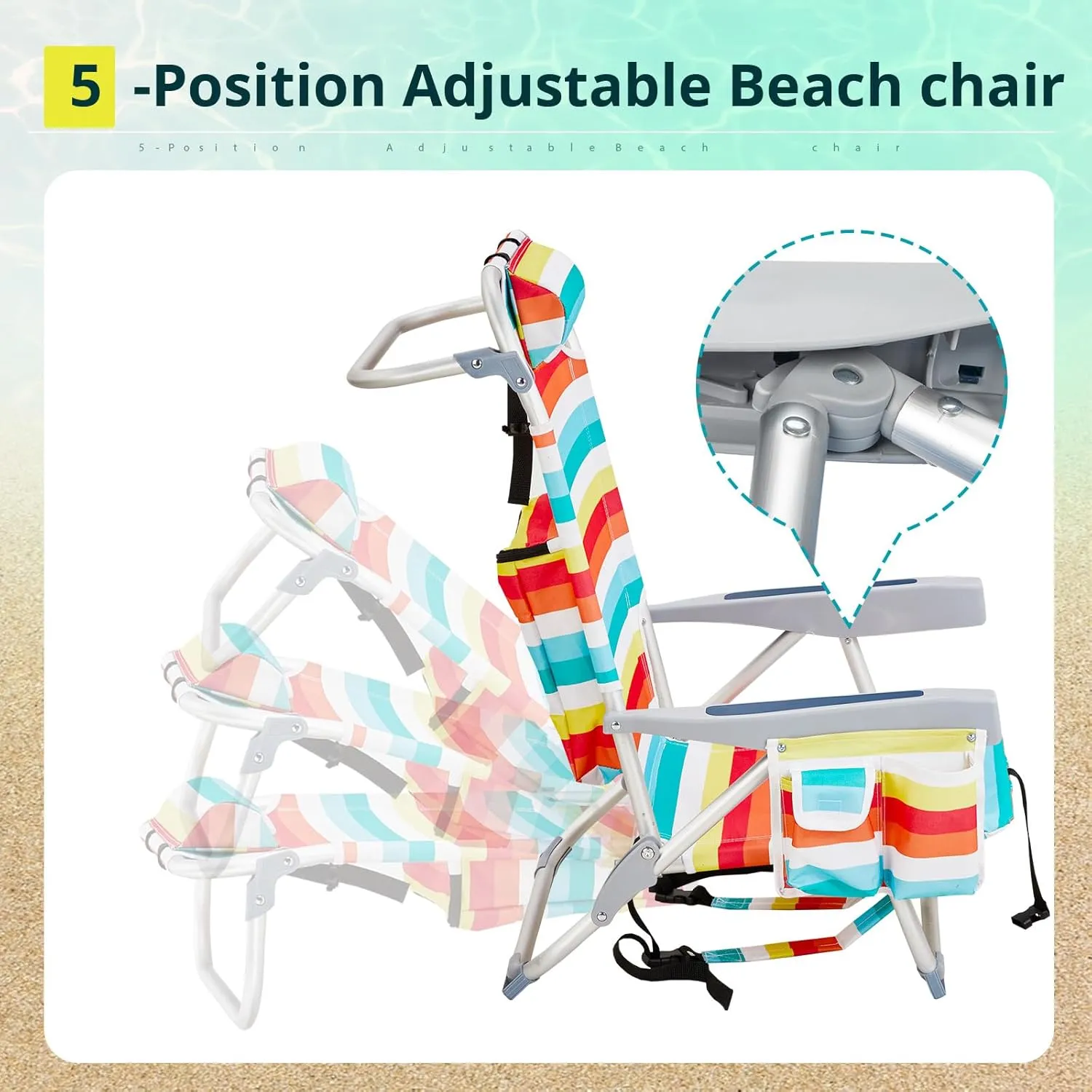 Beach Chairs for Adults, Compact Portable Lay Flat Folding Beach Chair with Backpack Straps and Large Cooler Pouch, Support to 220LBS (Rainbow Stripes)