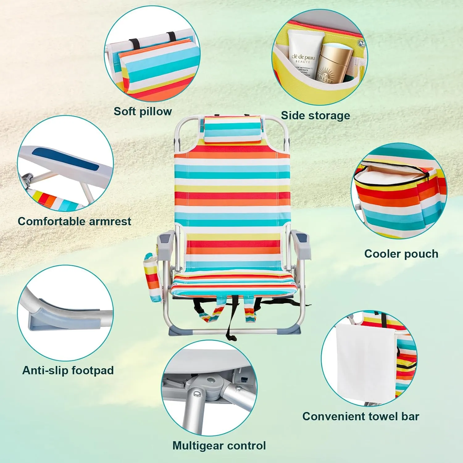 Beach Chairs for Adults, Compact Portable Lay Flat Folding Beach Chair with Backpack Straps and Large Cooler Pouch, Support to 220LBS (Rainbow Stripes)