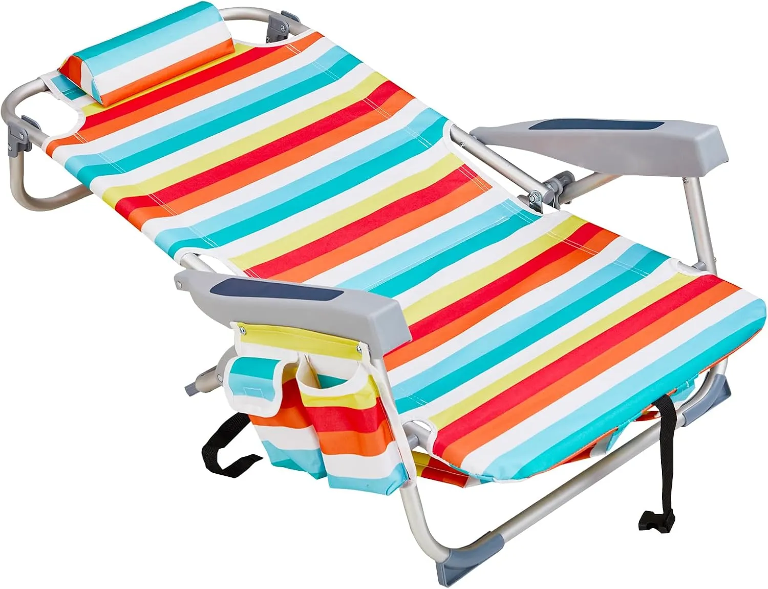 Beach Chairs for Adults, Compact Portable Lay Flat Folding Beach Chair with Backpack Straps and Large Cooler Pouch, Support to 220LBS (Rainbow Stripes)
