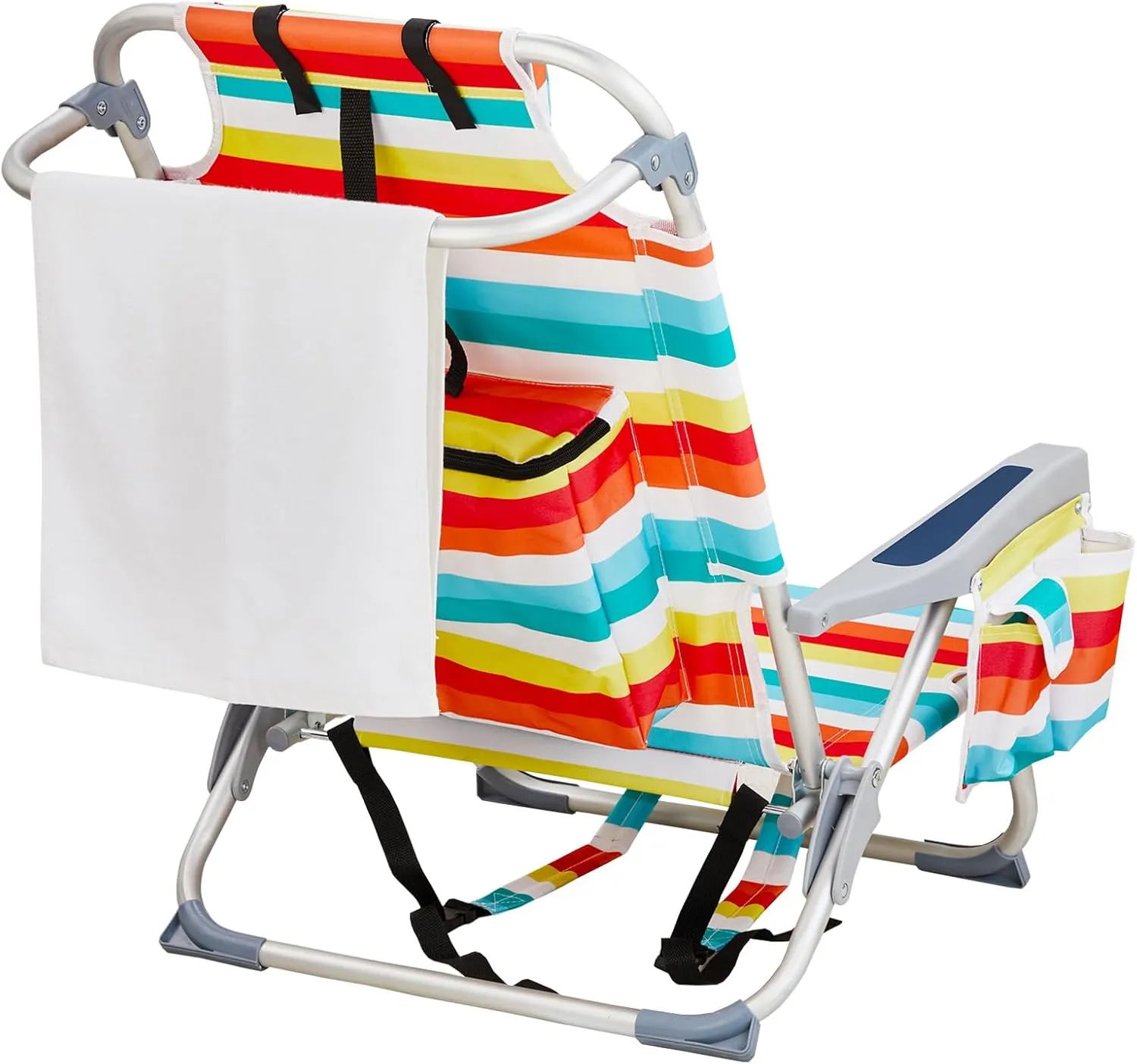 Beach Chairs for Adults, Compact Portable Lay Flat Folding Beach Chair with Backpack Straps and Large Cooler Pouch, Support to 220LBS (Rainbow Stripes)