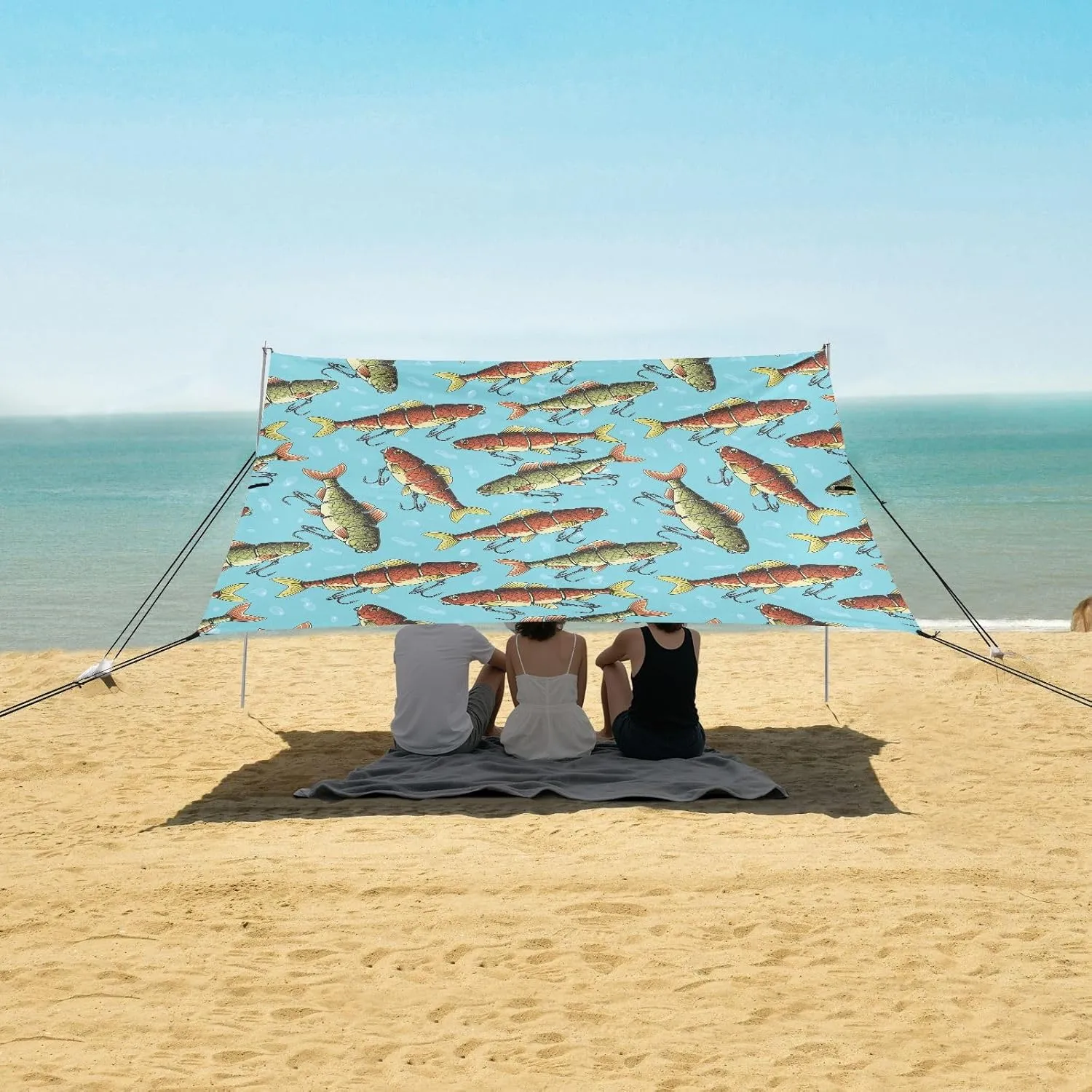 Beach Shade Tent with UPF50  UV Protection,Fish Adorned with Fishing Hooks Lightweight Camping Sun Shelter for Outdoor,Camping Trips, Fishing, Backyard,Picnics,Easy Set Up and Carry 9x10.5 FT