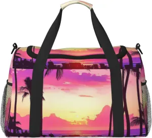 Beach Sunset Palm Trees Purple Sky Travel Duffel Bag Tote Bag Sports Gym Bag For Women And Men