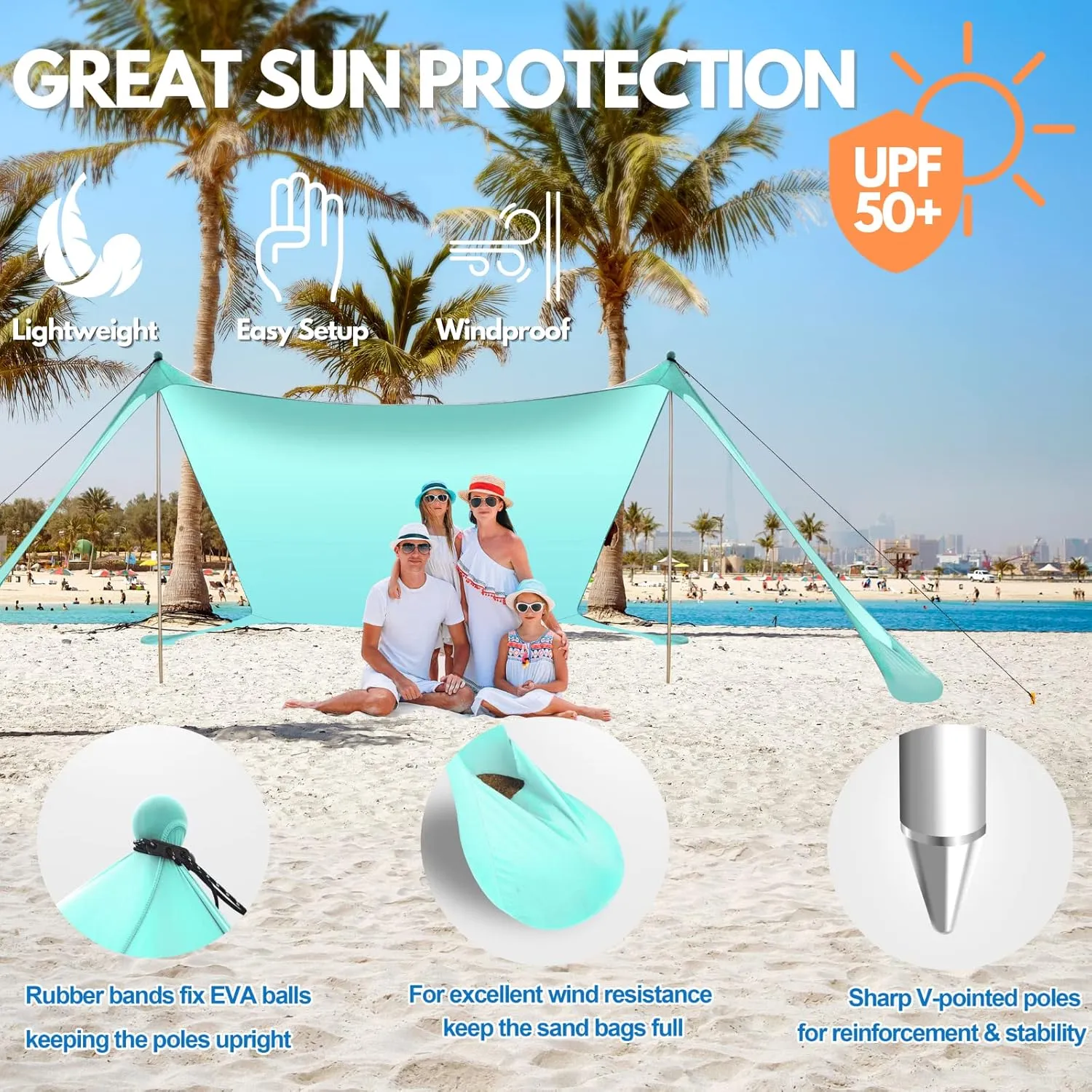 Beach Tent Sun Shelter UPF50  10x10 FT Windproof Pop Up Canopy Shade with Sand Shovel Carrying Bag, Portable Lightweight Outdoor Family Sunshade for Camping Trips Backyard Fishing Picnics