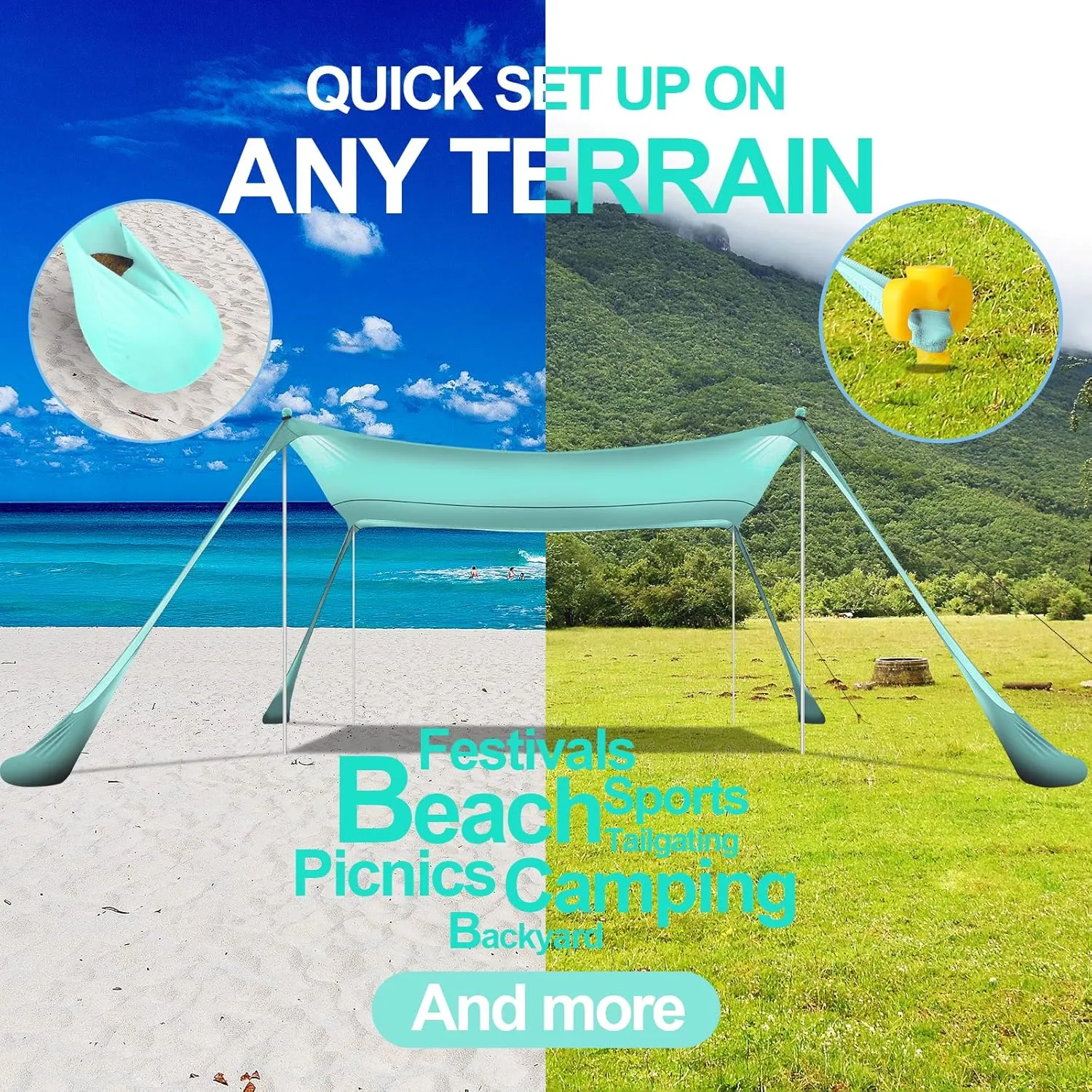 Beach Tent Sun Shelter UPF50  10x10 FT Windproof Pop Up Canopy Shade with Sand Shovel Carrying Bag, Portable Lightweight Outdoor Family Sunshade for Camping Trips Backyard Fishing Picnics