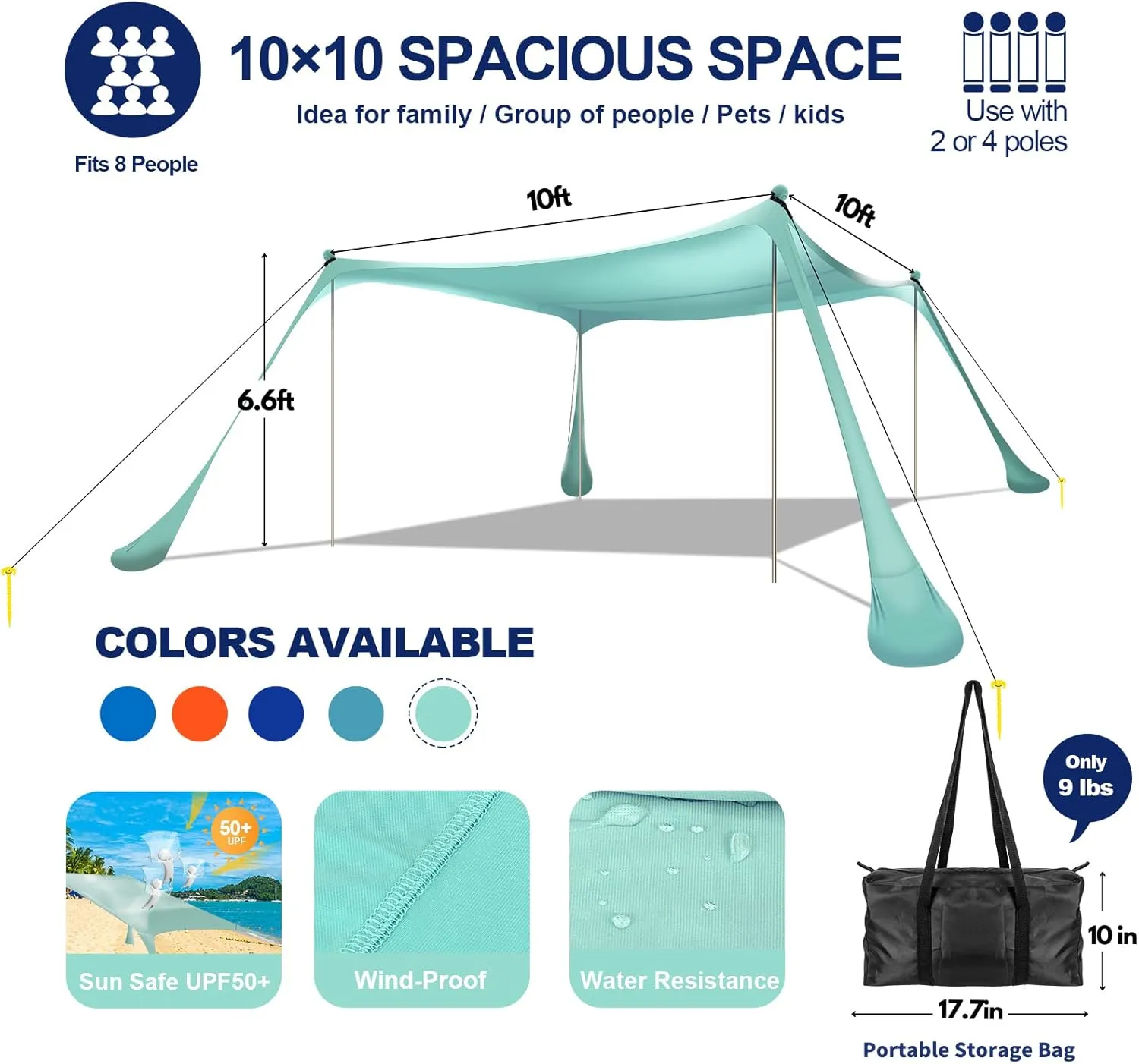 Beach Tent Sun Shelter UPF50  10x10 FT Windproof Pop Up Canopy Shade with Sand Shovel Carrying Bag, Portable Lightweight Outdoor Family Sunshade for Camping Trips Backyard Fishing Picnics