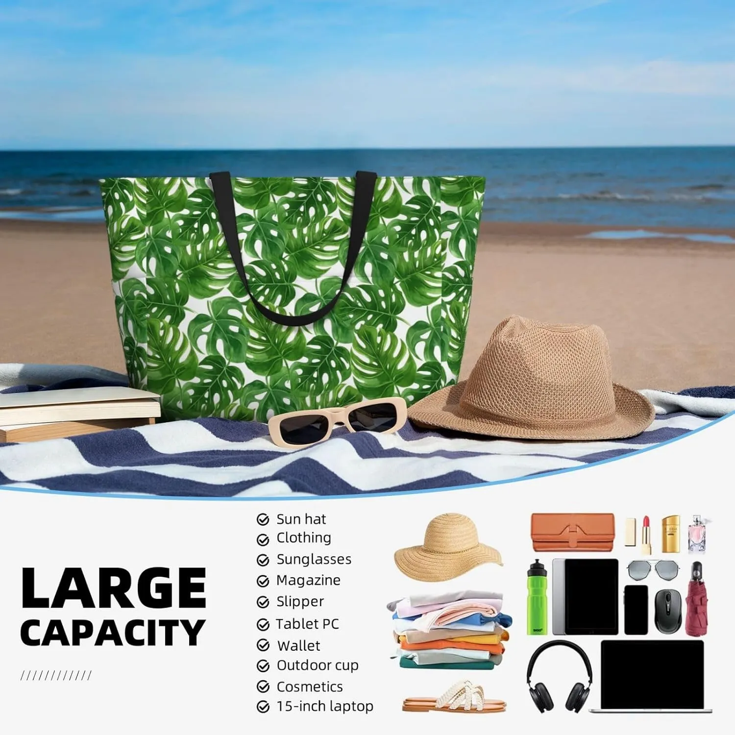 Beach Tote Bag for Women Foldable Waterproof and Sandproof Tote Bag with Zipper Print Beach Bag Large Travel Bag