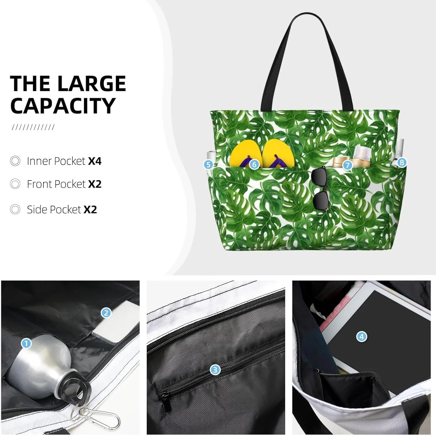 Beach Tote Bag for Women Foldable Waterproof and Sandproof Tote Bag with Zipper Print Beach Bag Large Travel Bag