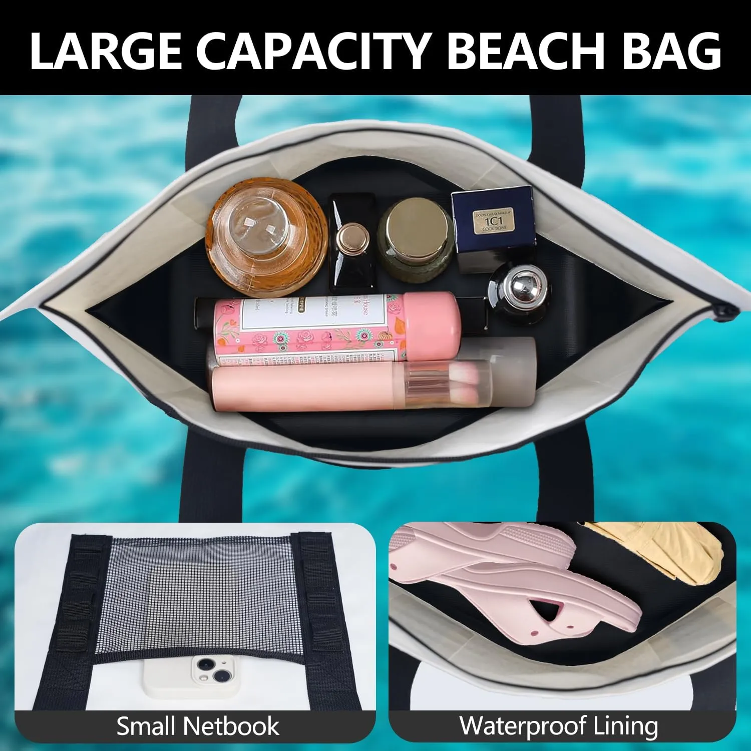 Beach Tote Bag for Women Waterproof Large Capacity Monogram Initial Shoulder Handbags with Pockets for Beach Holiday