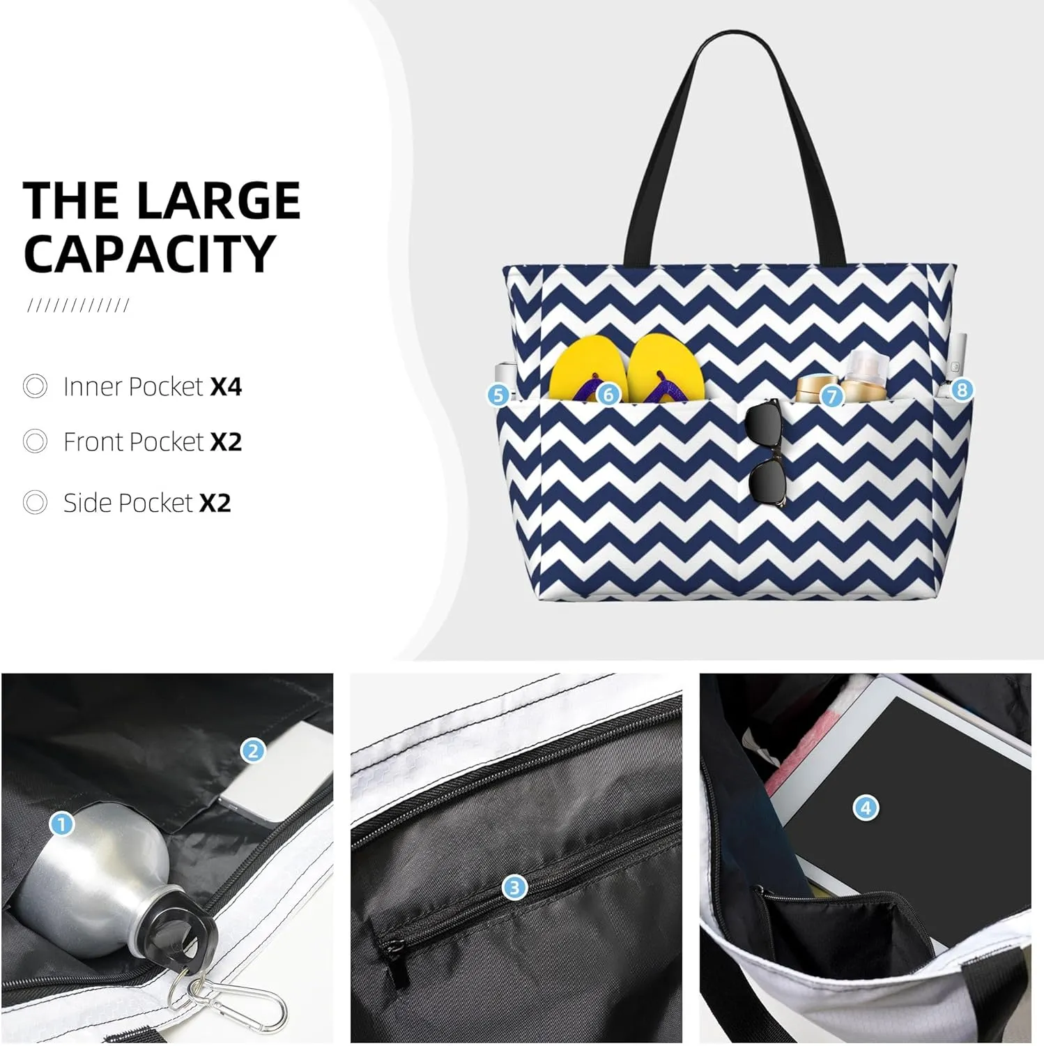Beach Travel Bag Large Capacity Women Tote Bag Waterproof Zipper Handbags with Multiple Pockets for Pool Vacation