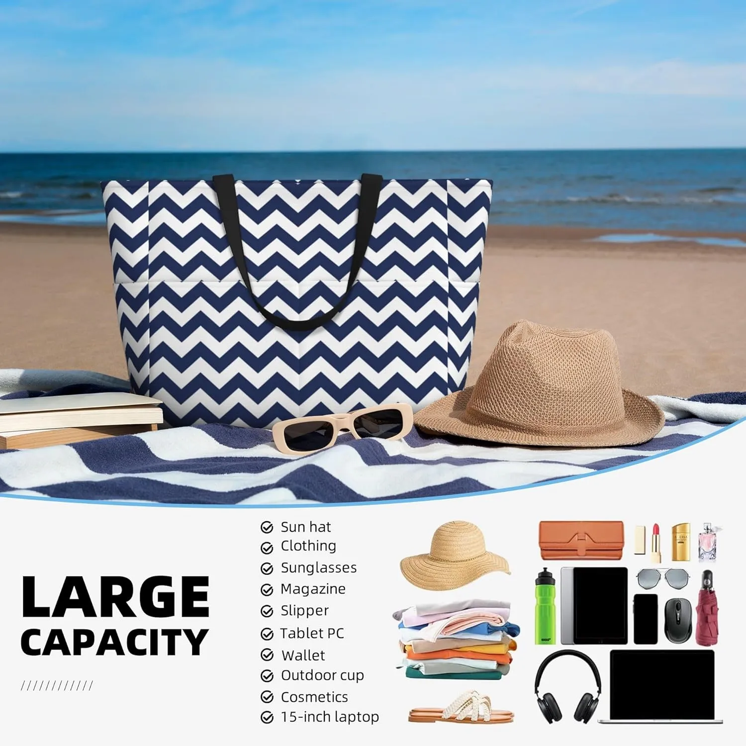 Beach Travel Bag Large Capacity Women Tote Bag Waterproof Zipper Handbags with Multiple Pockets for Pool Vacation