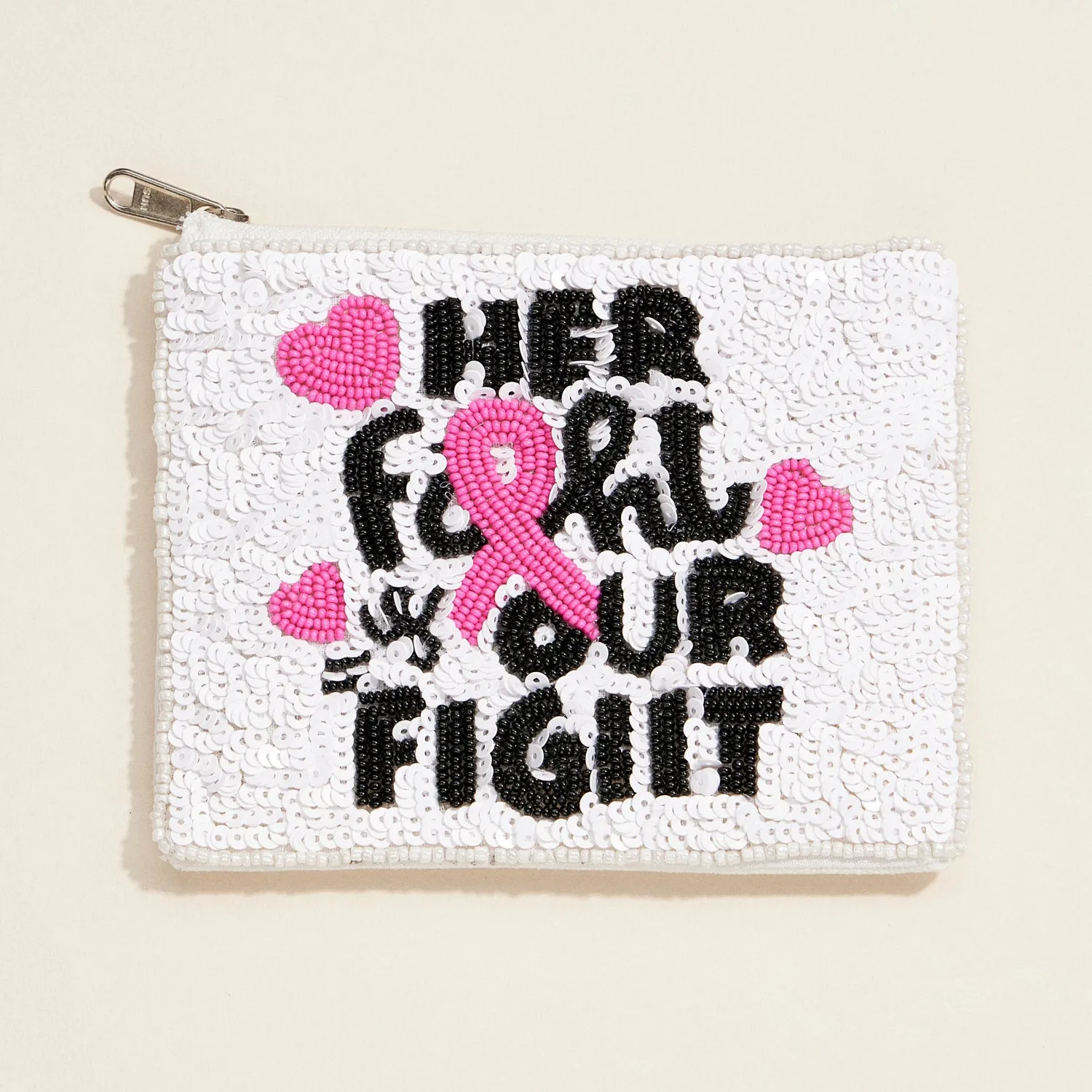 Beaded Breast Cancer Awareness Zip Pouch – "Her Fight Is Our Fight" Clutch