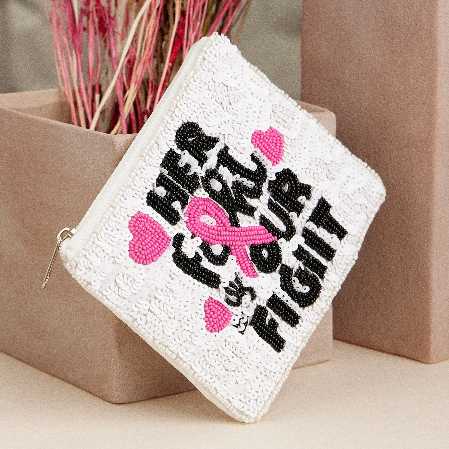 Beaded Breast Cancer Awareness Zip Pouch – "Her Fight Is Our Fight" Clutch