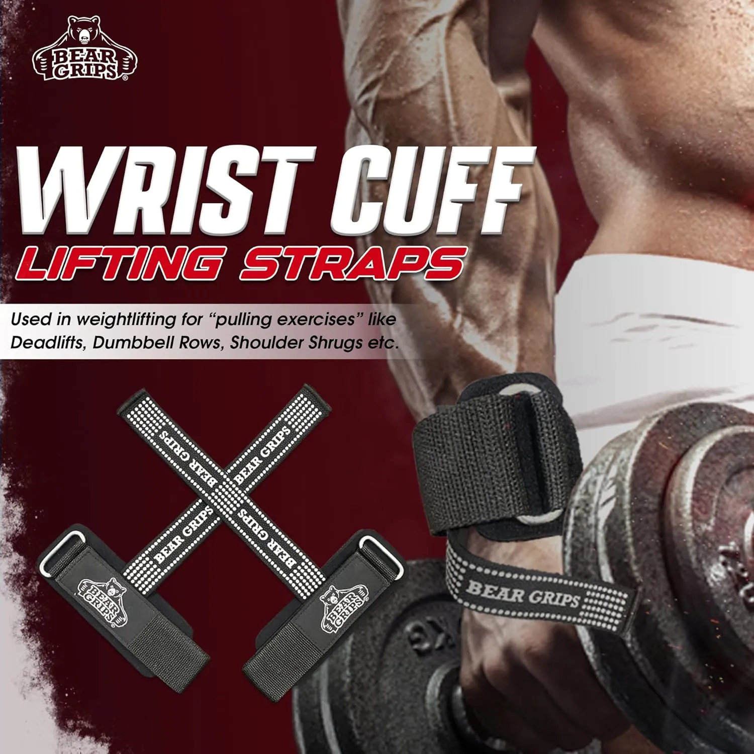 Bear Grips Lifting Straps - Gym & Weightlifting Straps for Men & Women, Deadlift Support, 2 Pairs
