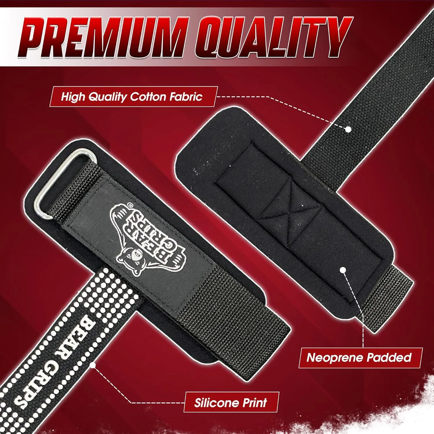 Bear Grips Lifting Straps - Gym & Weightlifting Straps for Men & Women, Deadlift Support, 2 Pairs