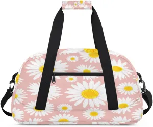 Beautiful Daisy Gym Duffel Bag for Men Women Pink Background Sports Tote Bag with Adjustable Shoulder Strap for Dance Gymnastics Traveling Outdoor Camping Overnight Stay