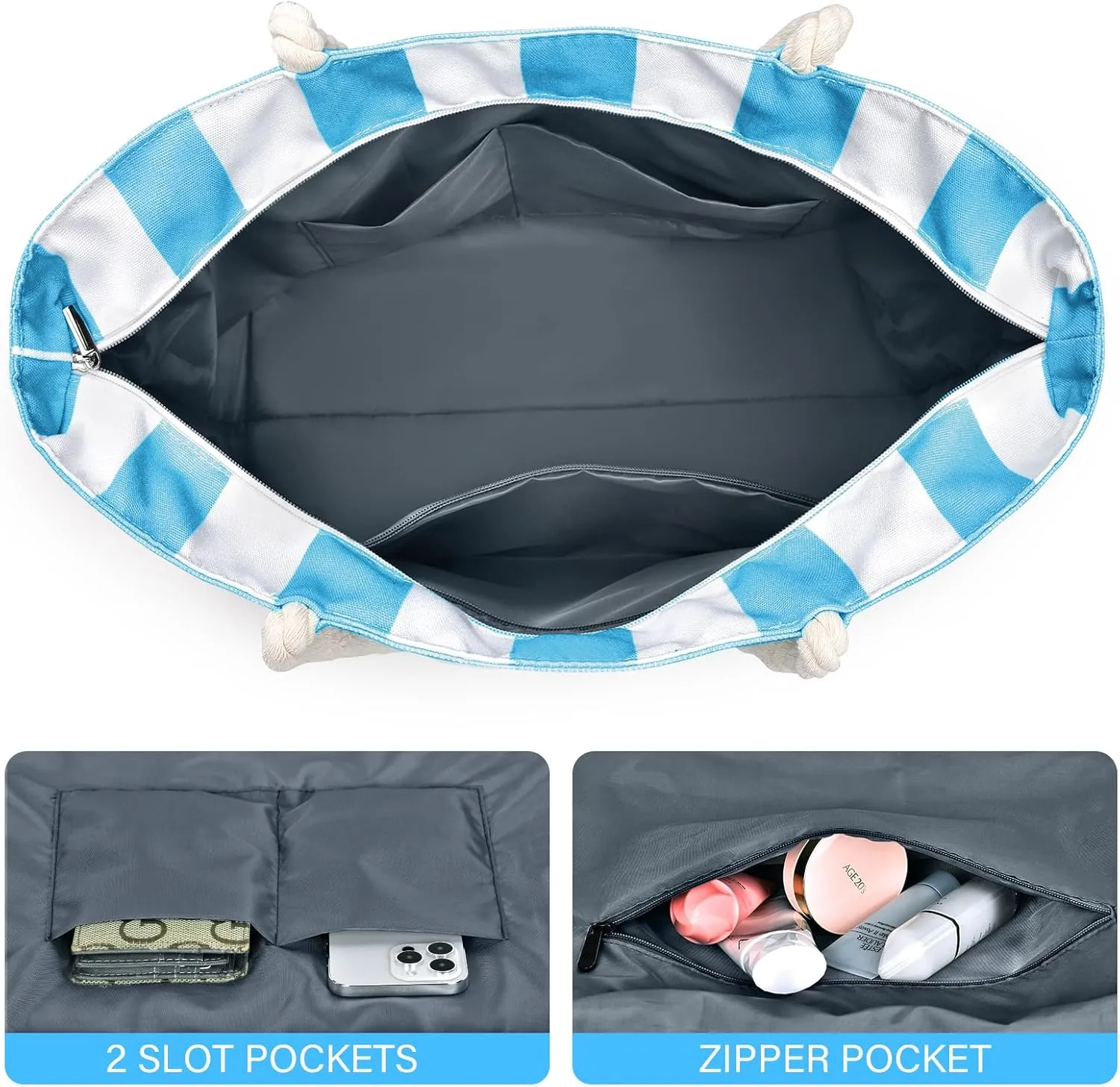 Becokan Beach Bag Large Waterproof Sandproof Canvas Beach Tote Bag with Zipper Swim Pool Bag Travel Essentials