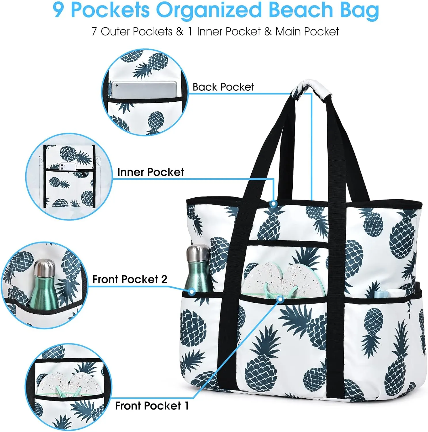 Becokan Beach Bags for Women Large Beach Tote Bag with Zipper Pockets Beach Bag Waterproof Sandproof Travel Nurse Tote Bag