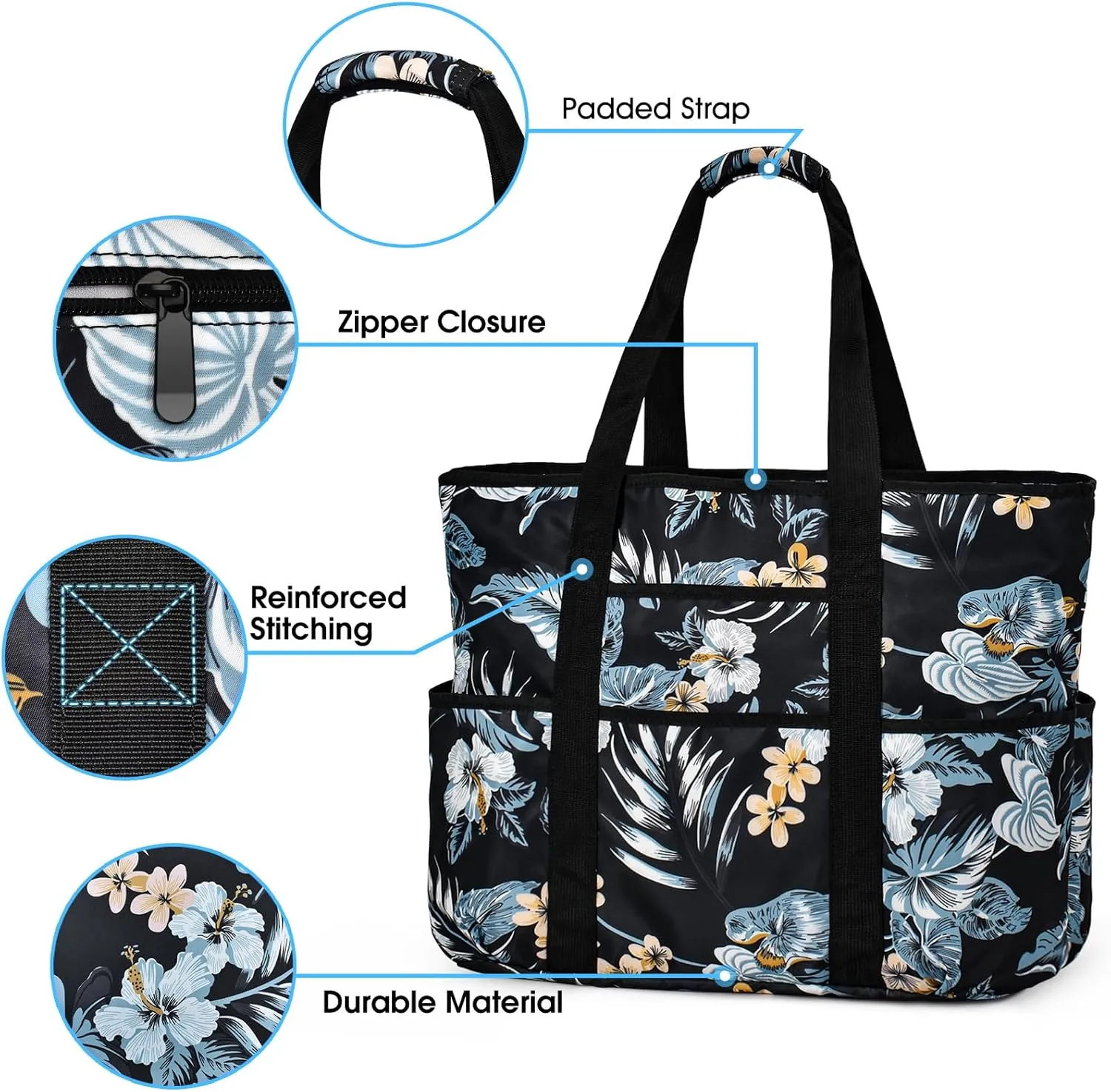 Becokan Beach Bags for Women Large Beach Tote Bag with Zipper Pockets Beach Bag Waterproof Sandproof Travel Nurse Tote Bag